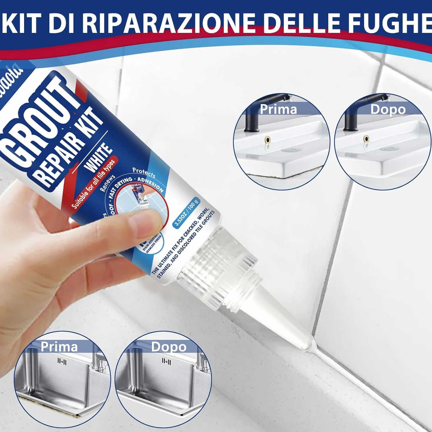 Riparazione Fughe Piastrelle Bianco, 2 Pack Kit Stucco per Piastrelle Bagno Doccia Pavimenti Pareti Cucina, Asciugatura Rapida