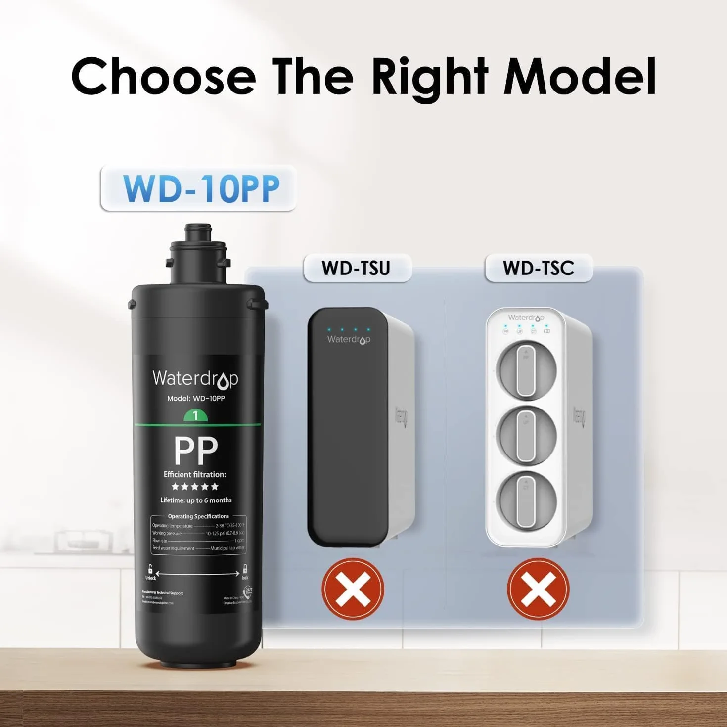 Waterdrop WD-10PP Filtro Acqua Sottolavello, Ricambio per Waterdrop TSA & TSB 3 Stadi Depuratore Acqua Domestico per Sotto Bancone