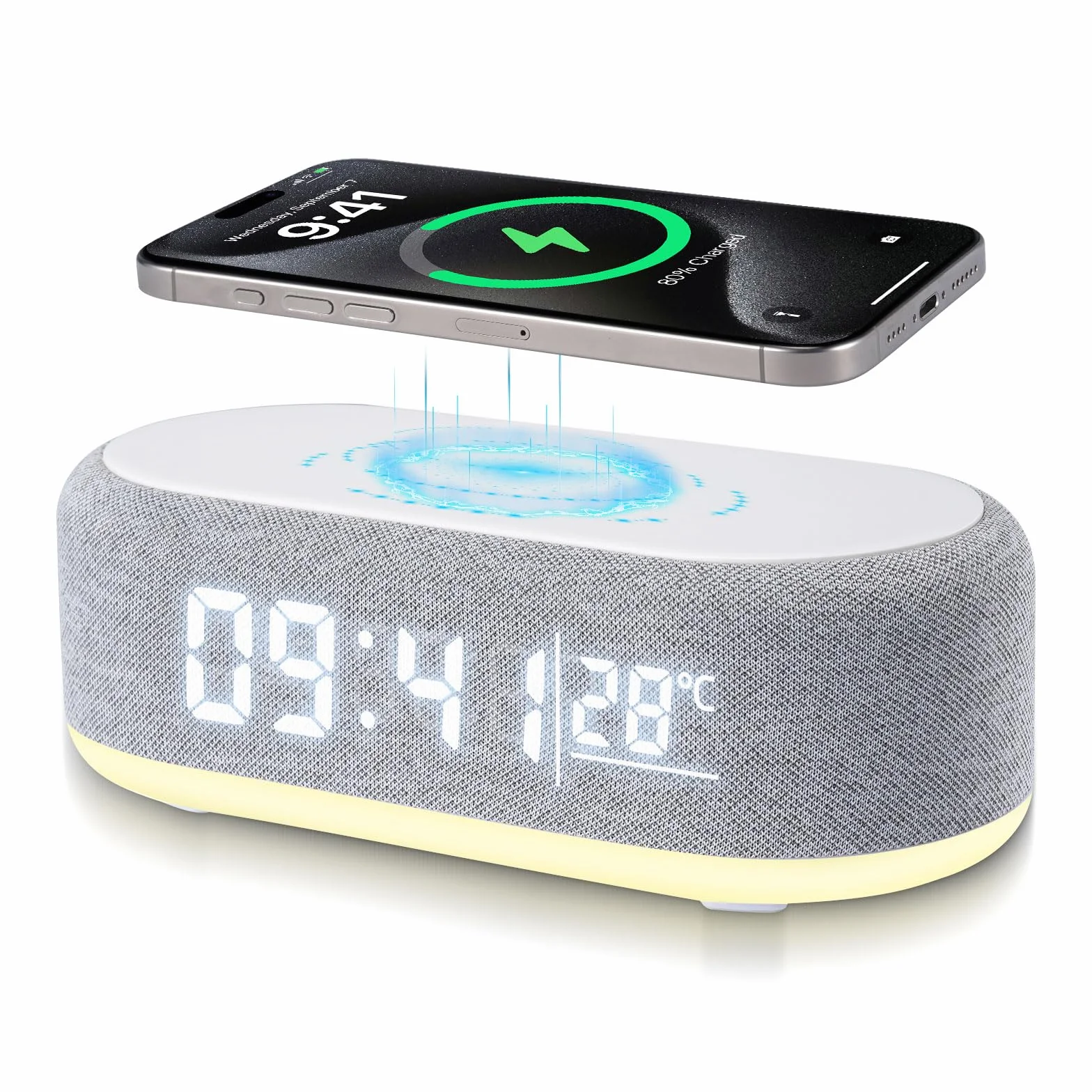 4 In1 Sveglia Digitale, Caricatore Wireless, Sveglia intelligente con orologio, termometro e luce LED, luminosità regolabile