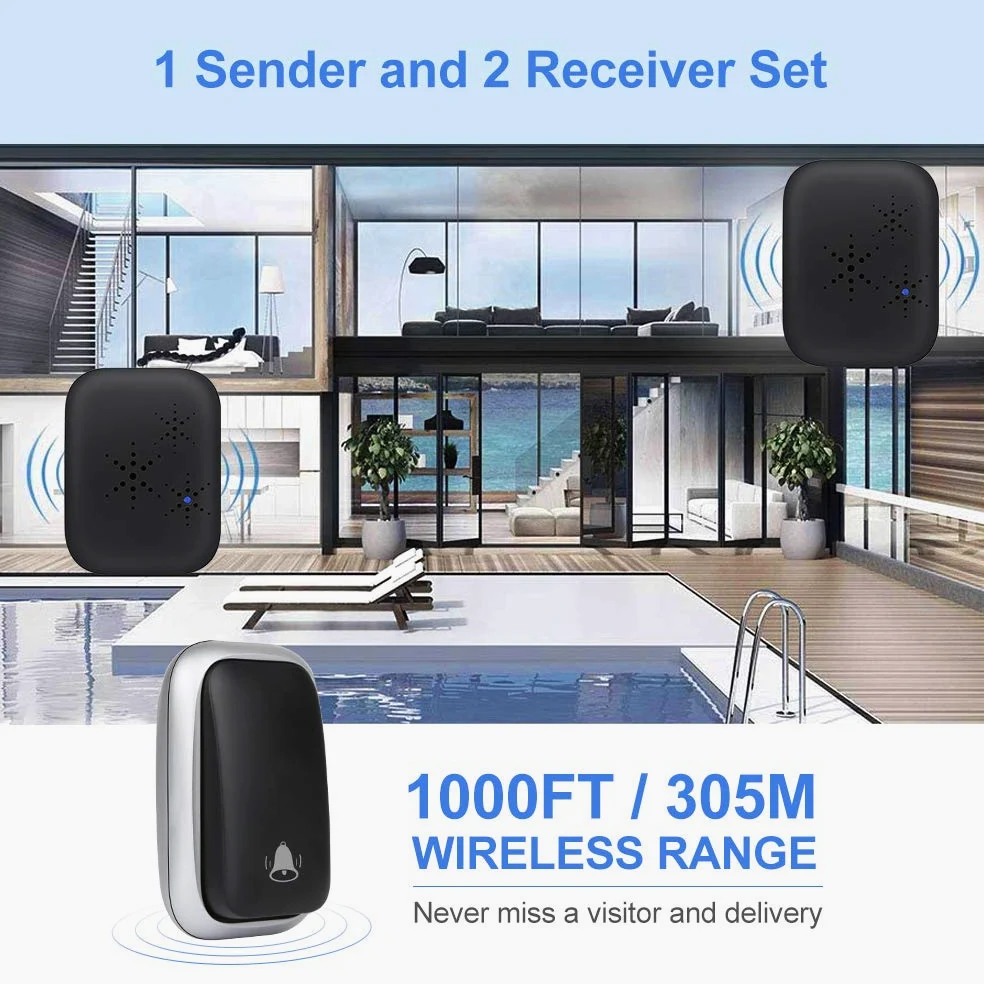 Campanello Radio Senza Batteria, PDGROW Campanello Senza Fili Impermeabile Campanello Wireless Autoalimentato Una Portata di 150m con 2 Ricevitori, 38 Melodie, 4 Livelli di Volume e Flash LED - Nero