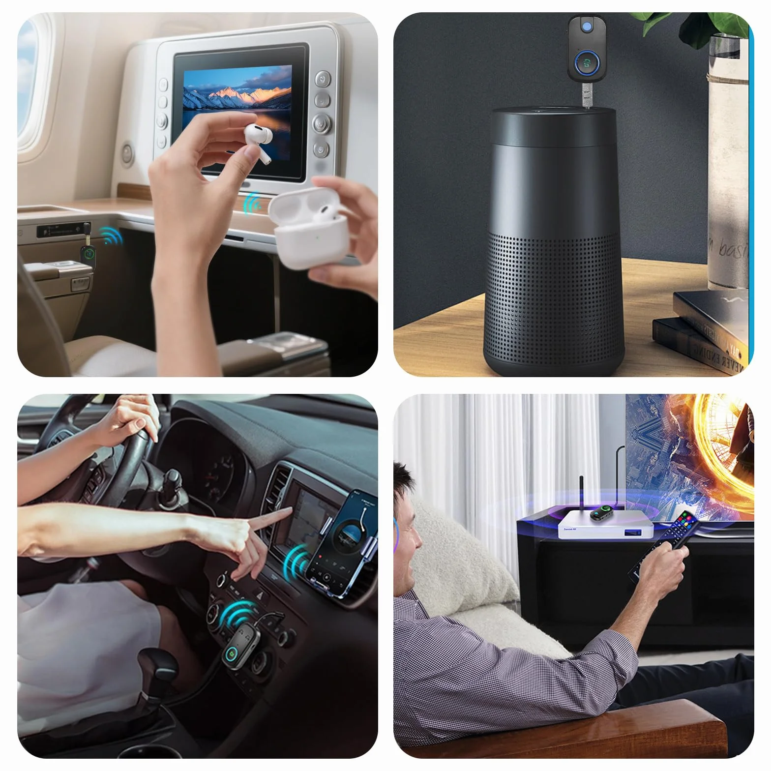Trasmettitore Ricevitore Bluetooth 5.3, 2-in-1 Adattatore Bluetooth Auto, Cuffie Aereo con Supporto 2 Auricolari, Jack 3.5 mm AUX, Adattatore Wireless per TV, Autoradio, Home Theater, Lettori MP3