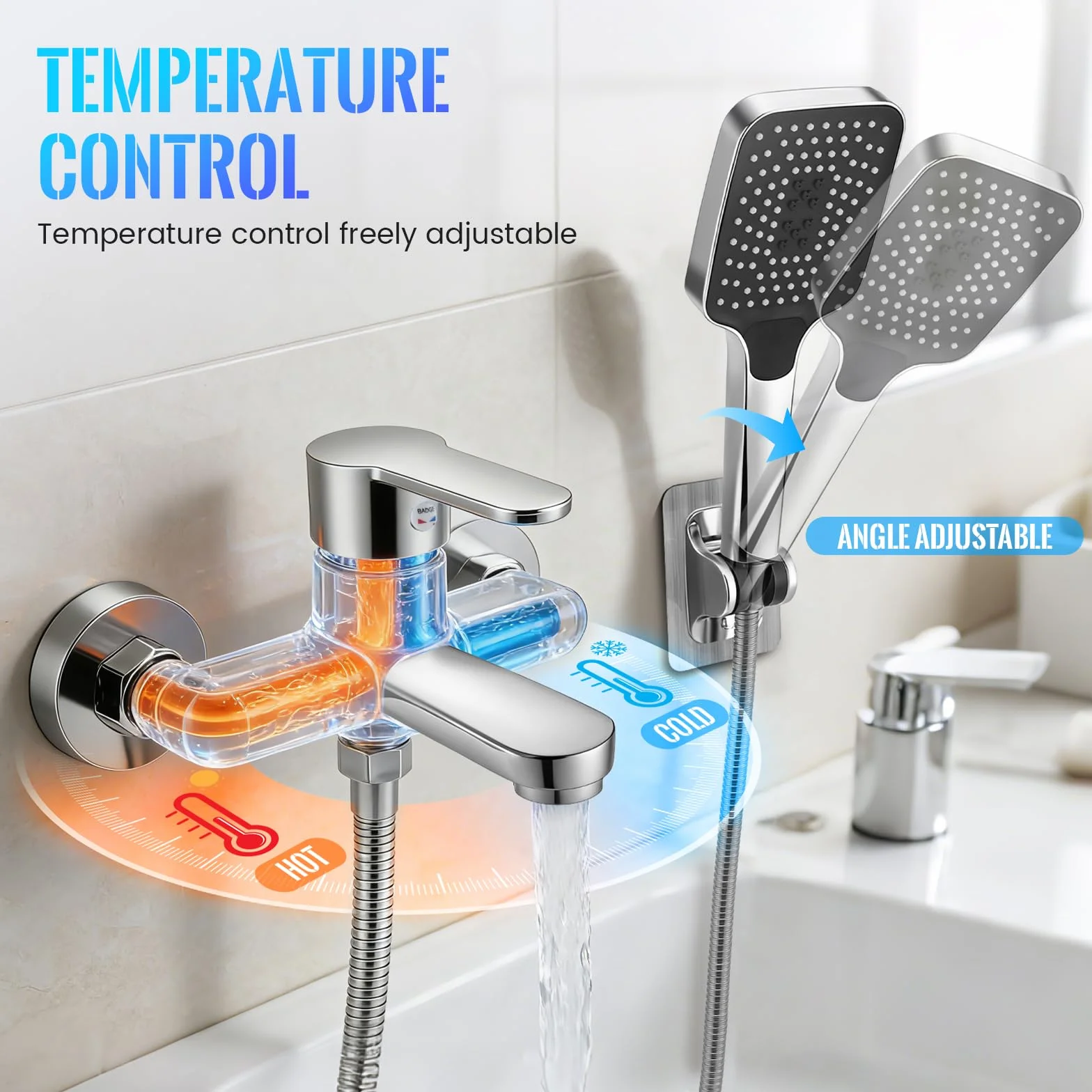 Miscelatore in ottone per vasca da bagno con doccetta a mano, rubinetto a cascata parete flessibile 1,5 m