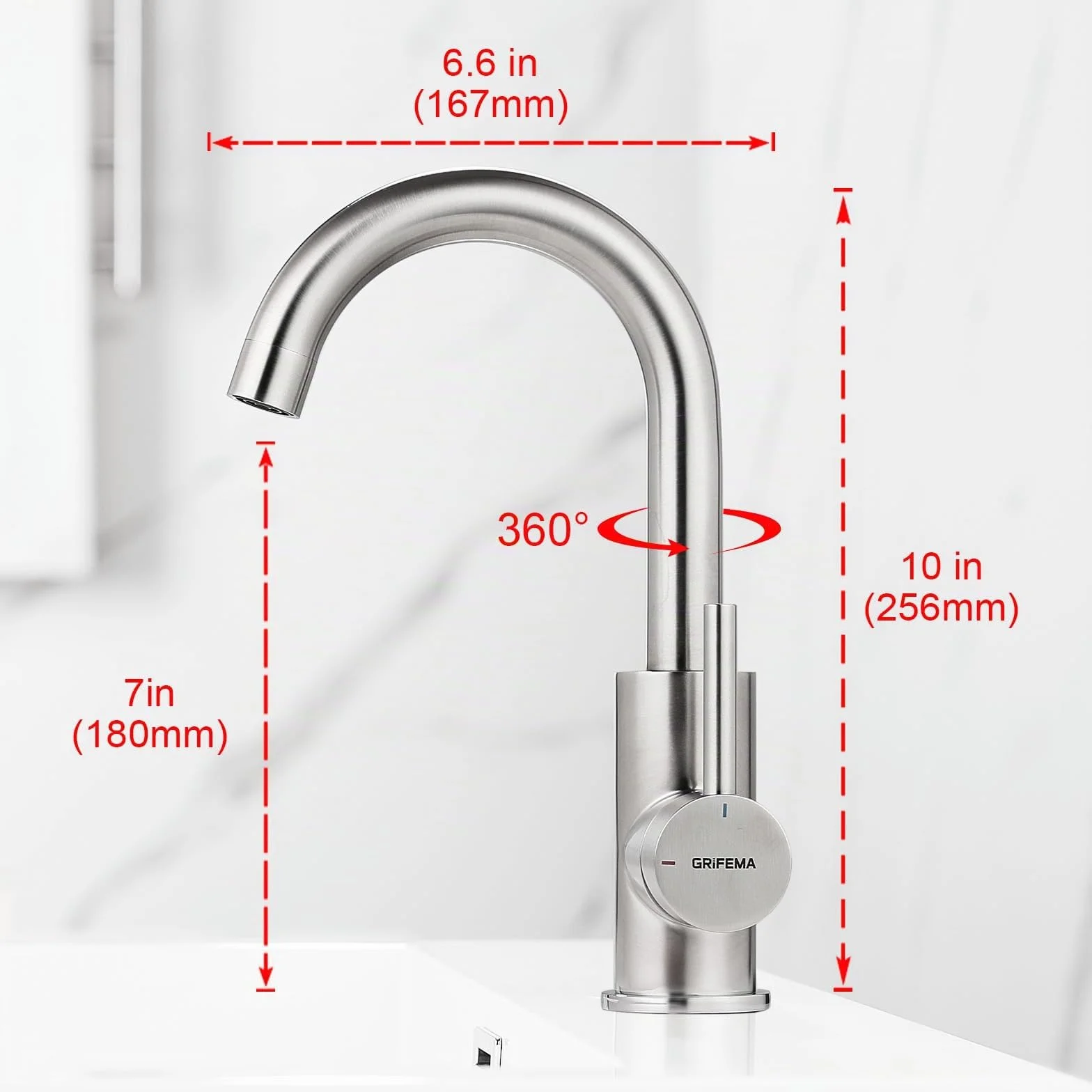 GRIFEMA Miscelatore Lavabo Bagno Alto Grigio Opaco, Rubinetto Girevole a 360° in Ottone, Monocomando Moderno Antracite per Lavandino, Bocca Alta 180mm, Design Anti-corrosione, Attacco G3/8, G1002A