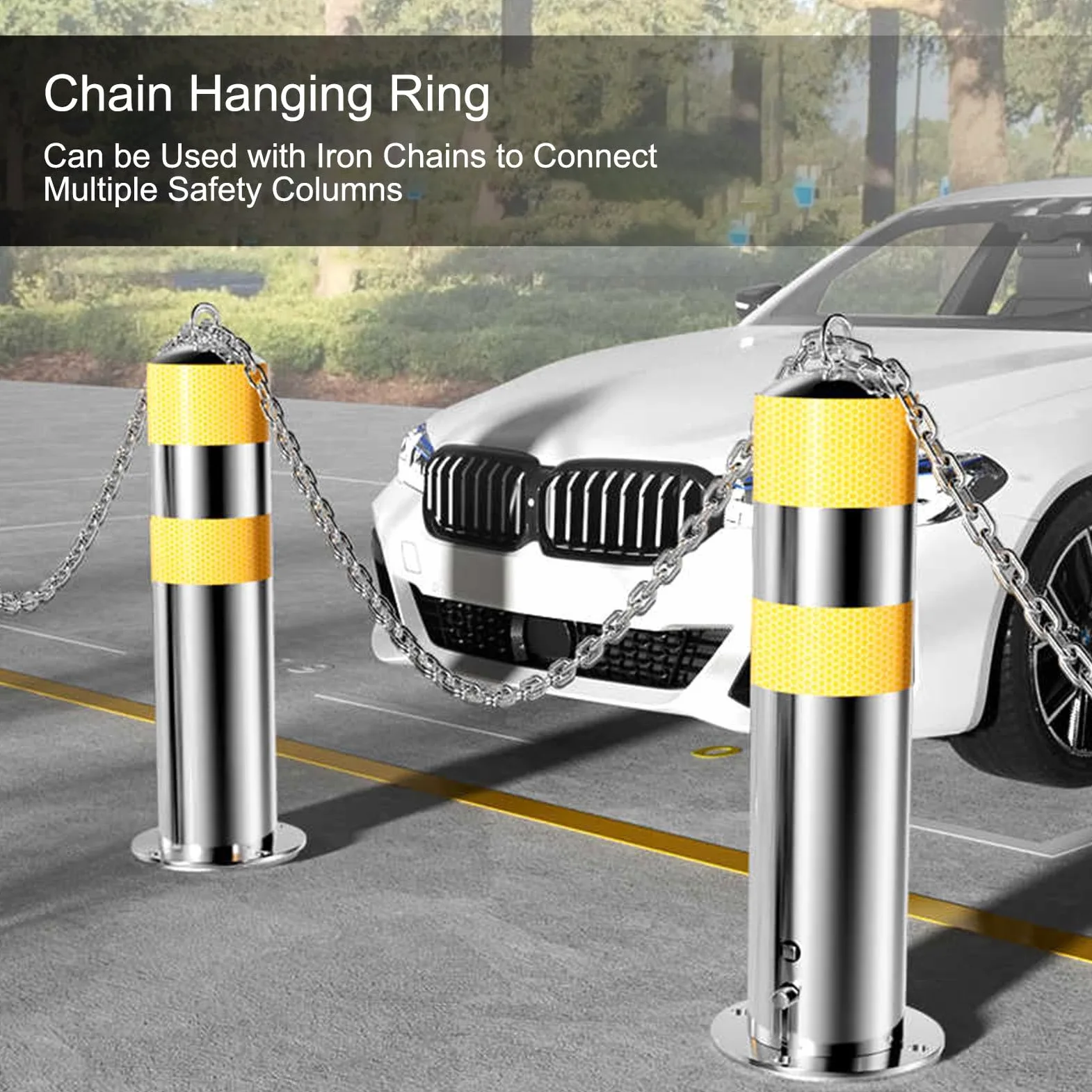 Paletto di sicurezza per parcheggio, diametro 11,4 cm, in acciaio con strisce riflettenti e anello di sospensione, per la sicurezza stradale e dei parcheggi, giallo, 4 pezzi.