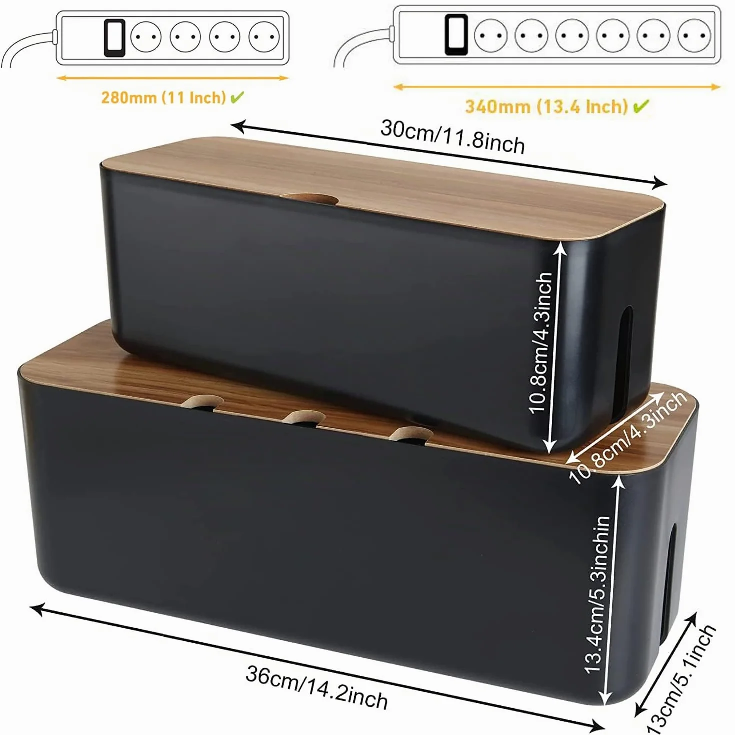 SENENQU Scatola Porta Cavi Nera Effetto Legno, Nascondi Cavi per Ciabatte e Prese, Organizer con Coperchio e Aperture Laterali