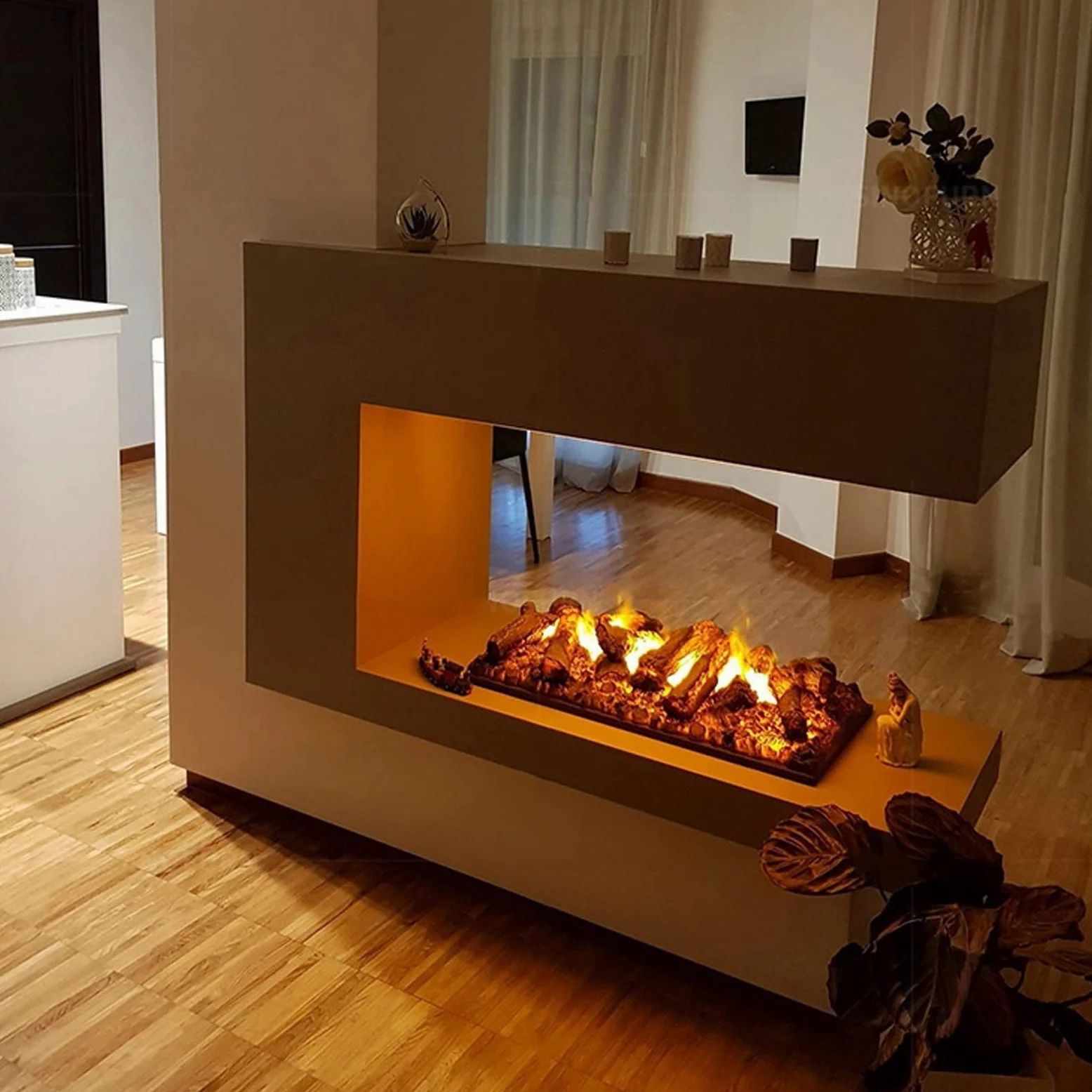 Simulatori Di Camini A Fiamma Simulata 3D Tronchi del camino elettrico ad incasso a parete, registro e fiamma del camino a telecomando, letto di carbone a resina realistica, automatico LCD Schermo, (