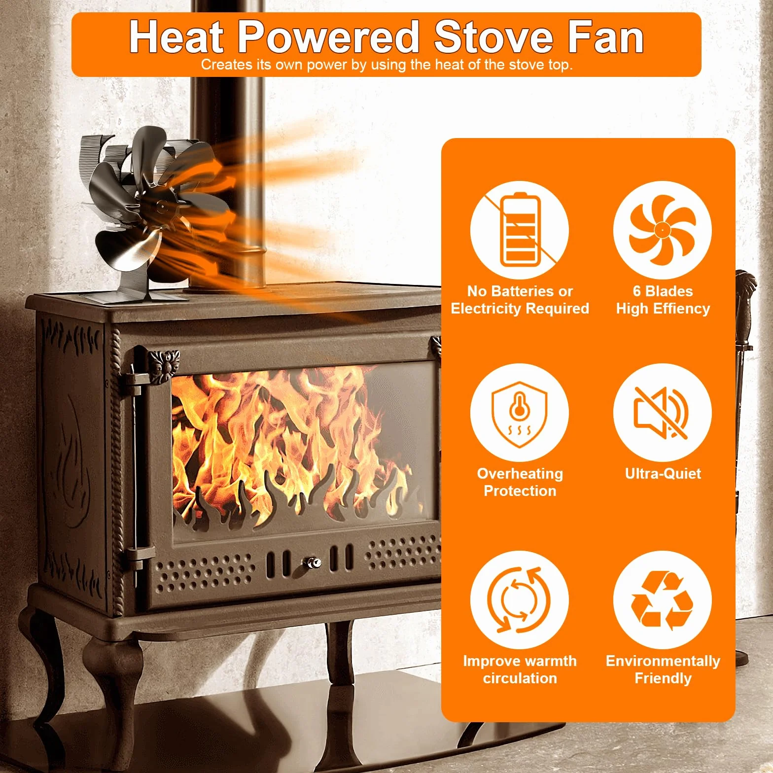 Ventilatore Stufa a Legna 6 Pale con Termometro, Ventilatore da Camino Alimentato a Calore per Stufa a Legno/Camino/Gas/Log (Medio)