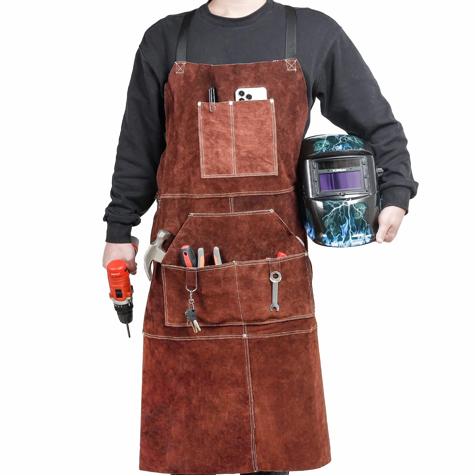 Yorbay Grembiule da Saldatura in Pelle con 5 Tasche e Spalline Regolabili, Resistente al Calore Ritardante di Fiamma Grembiuli per Utensili, per Fabbro, Falegname