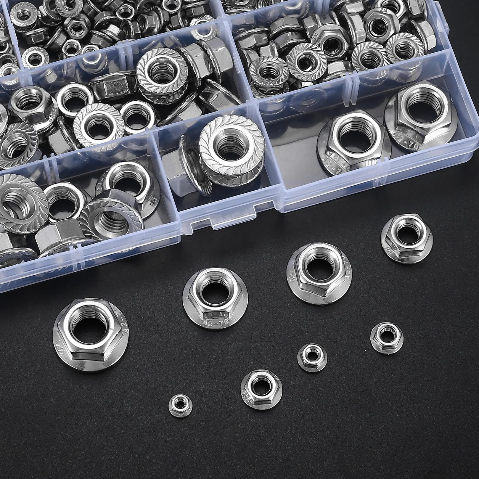 Kit Dado Flangiato Esagonale Acciaio Inox M3 M4 M5 M6 M8 M10 M12 190 Pezzi