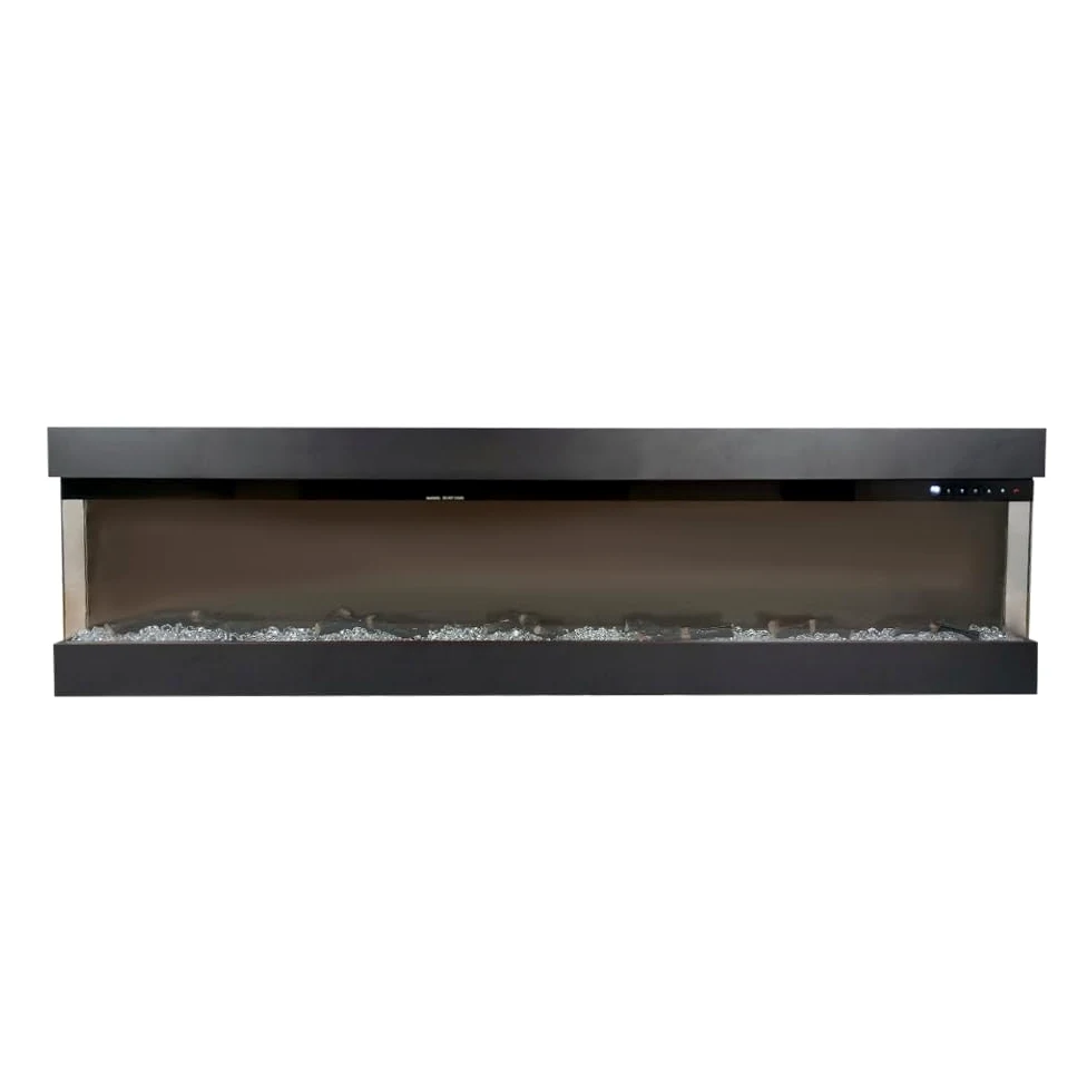 Camino elettrico VELAR | Caminetto a parete da incasso | Stufa ventilata da 750W/1500W a basso consumo, con telecomando, timer, decorazione di tronchi e cristalli (Nero, 182cm)