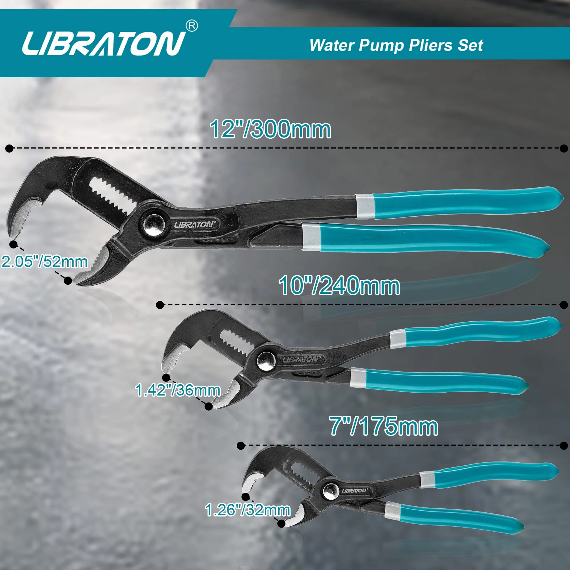 Libraton Set pinze per pompa dell'acqua in acciaio Cr-V 3 pezzi regolazione rapida