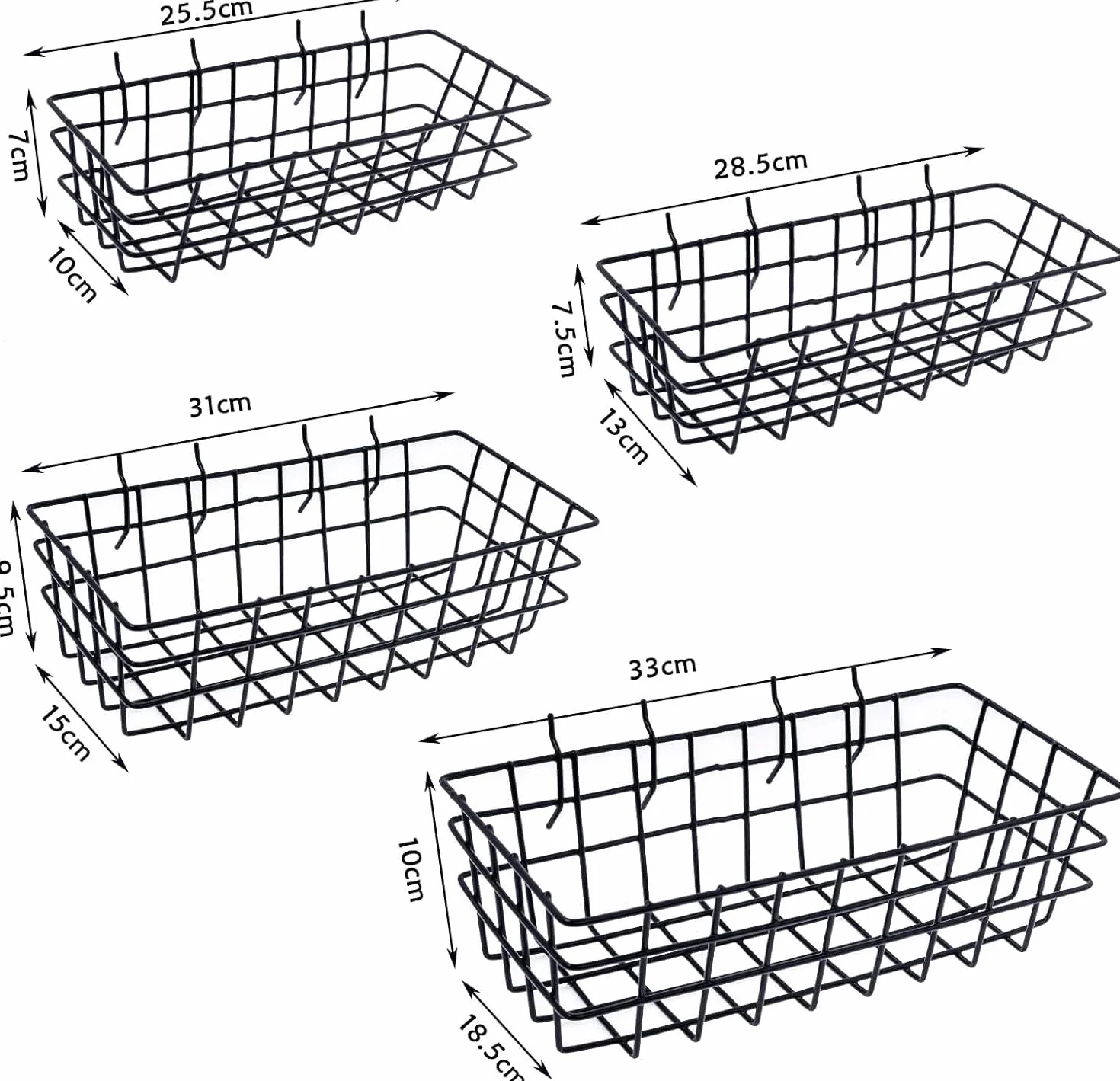 Set di 4 cestini quadrati per pannelli forati, filo metallico nero, ganci, organizzazione strumenti da parete
