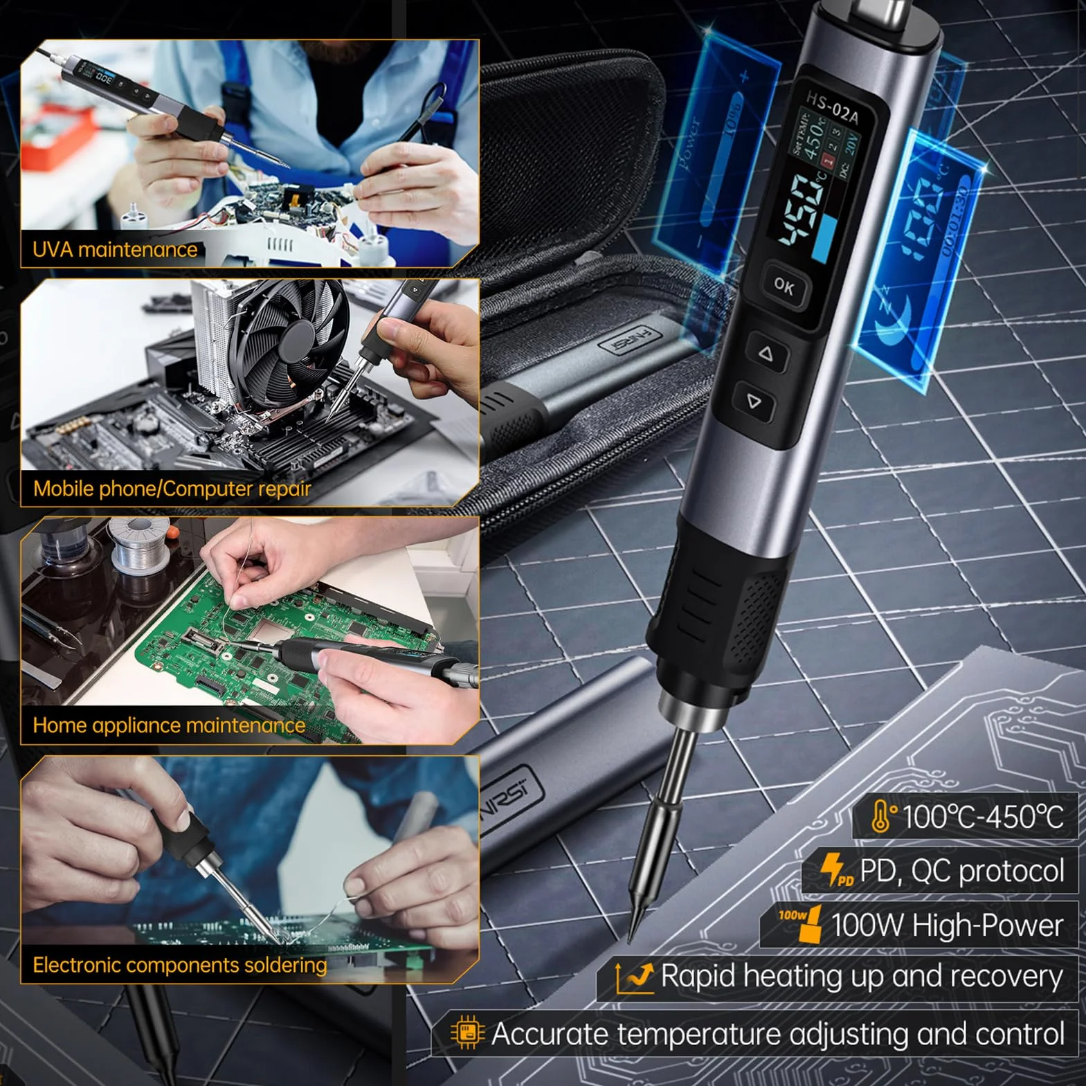 Kit Saldatore HS-02A 100-450°C 100W Intelligente Controllo Temperatura USB PD/QC/DC 9-20V