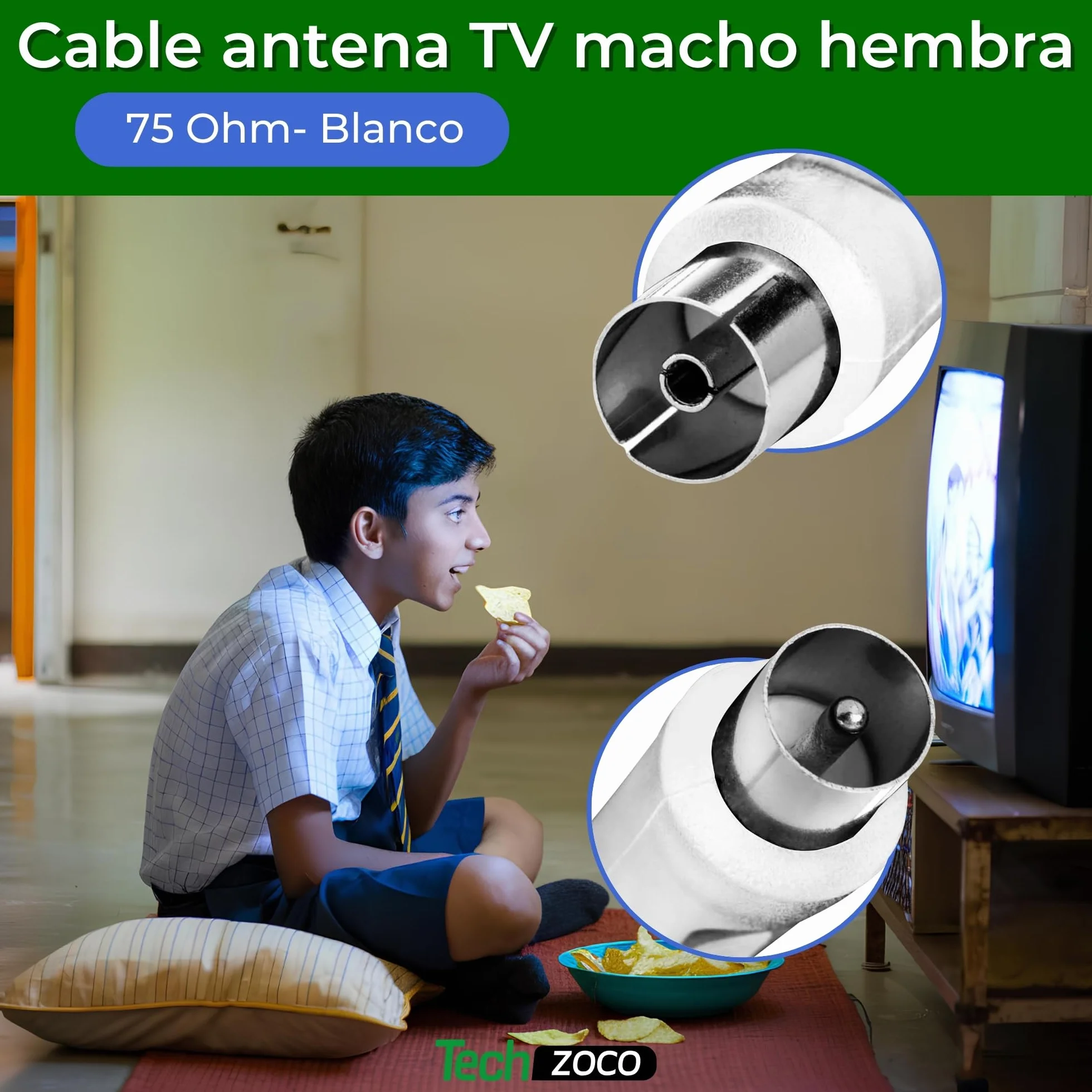 TECHZOCO Cavo antenna TV maschio femmina, coassiale 90°, per TV e decoder, 70dB, HDTV, DVB-T2/C/S, 75 Ohm, bianco, 2,5 metri