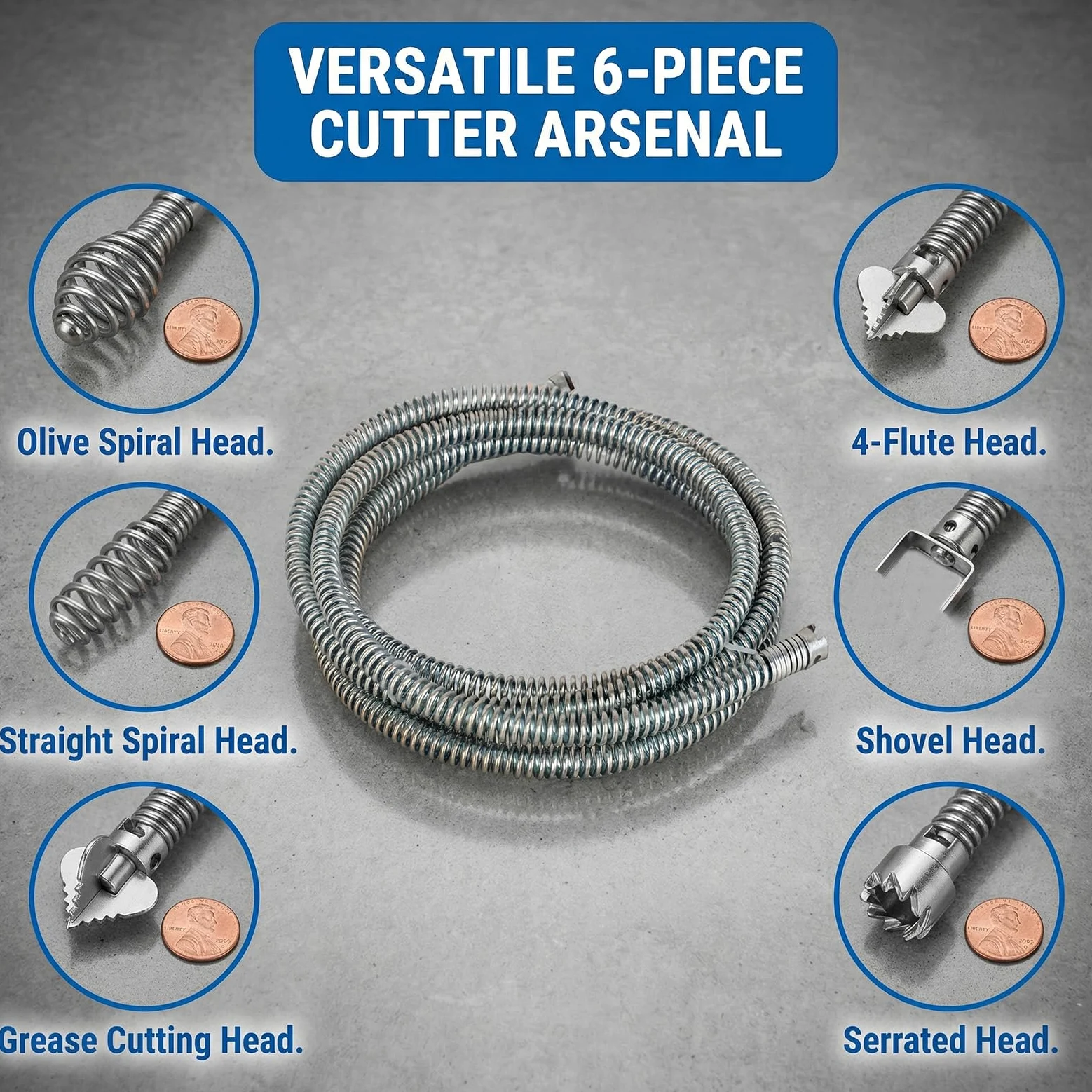 Stura Lavandini e Scarichi 5M, Sonda Sturatubi 12mm con 6 Testine, Spirale Flessibile per WC Tubi Scarico, Molla Sturatubi Acciaio con Adattatore Trapano Manuale/Elettrico