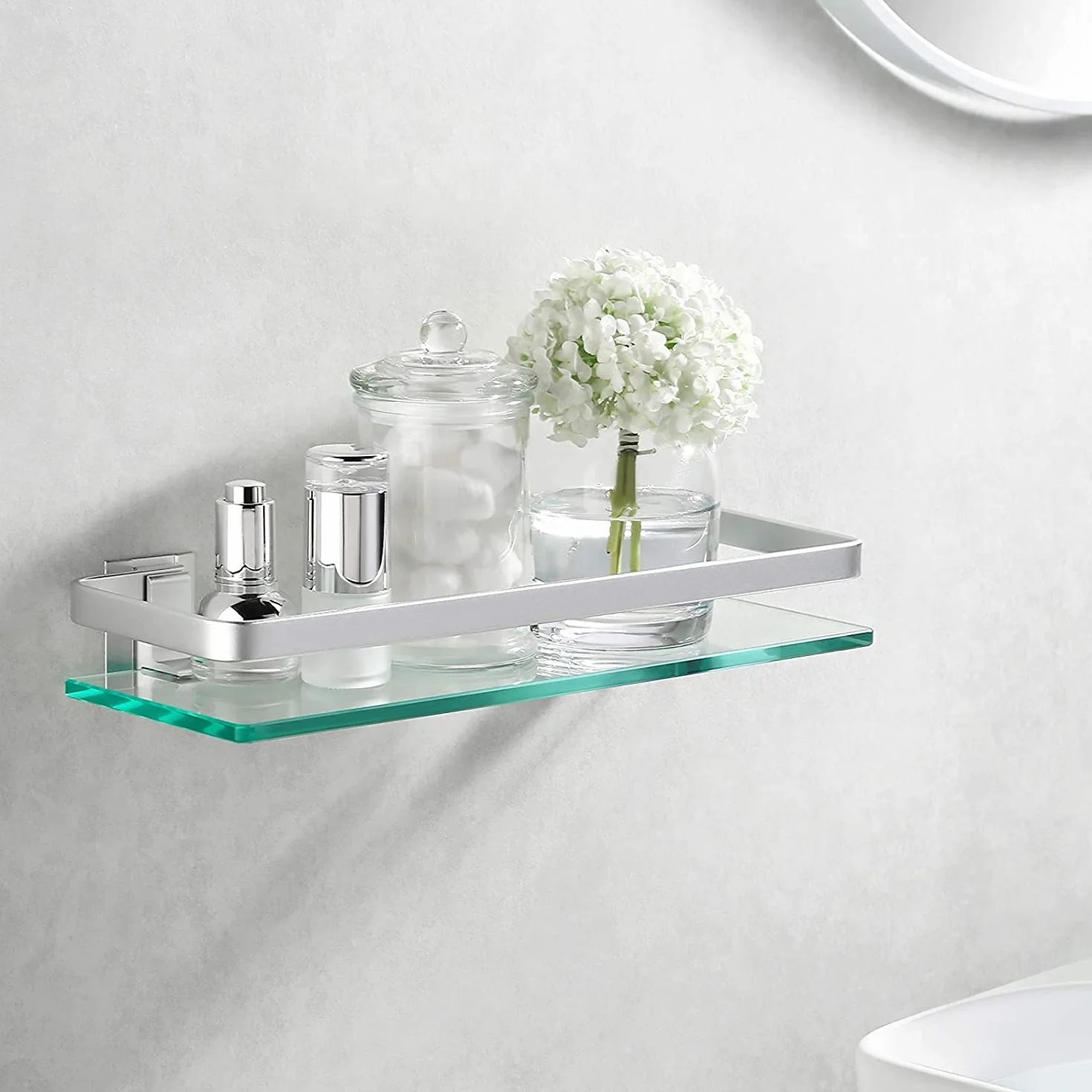 Mensola per Bagno in Vetro Temperato 8mm e Alluminio 28x12 cm Argento PORTE ITALIANE