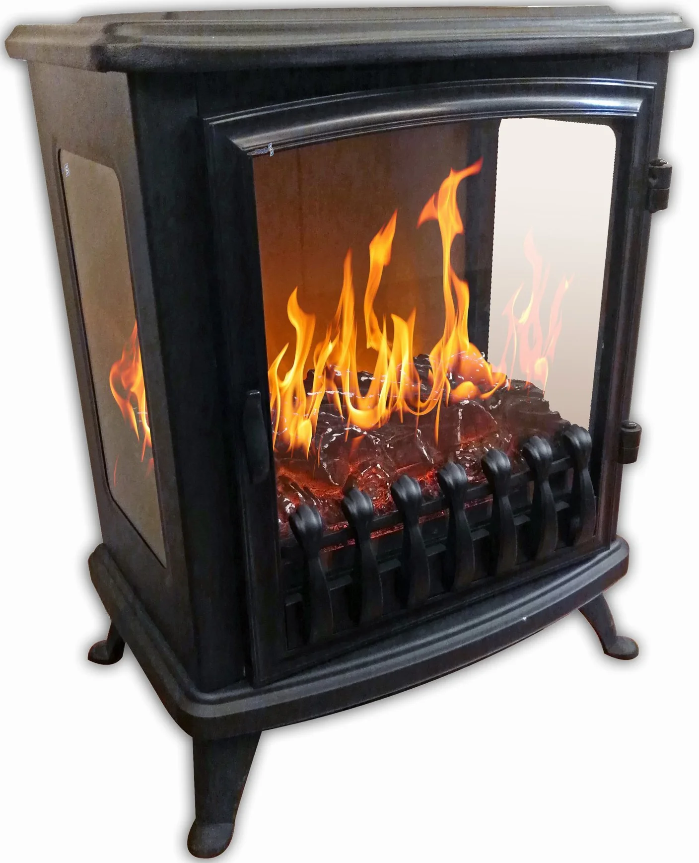 CHEMIN'ARTE Camino elettrico da Terra Fire Glass - Fiamme a 180° - Nero - Termostato Regolabile e Controllo Indipendente delle Fiamme - Caminetto elettrico