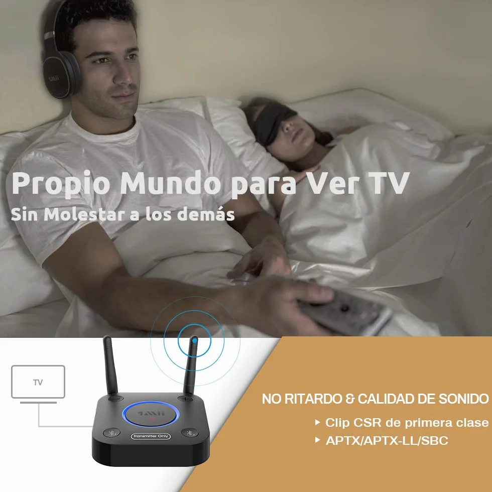 1Mii Trasmettitore Bluetooth 5.2 per TV a 2 Cuffie Bluetooth, Adattatore Audio Wireless TV con Controllo Volume, Ingresso Ottico, Coassiale, AUX, RCA, AptX Bassa Latenza, Lungo Raggio 60m