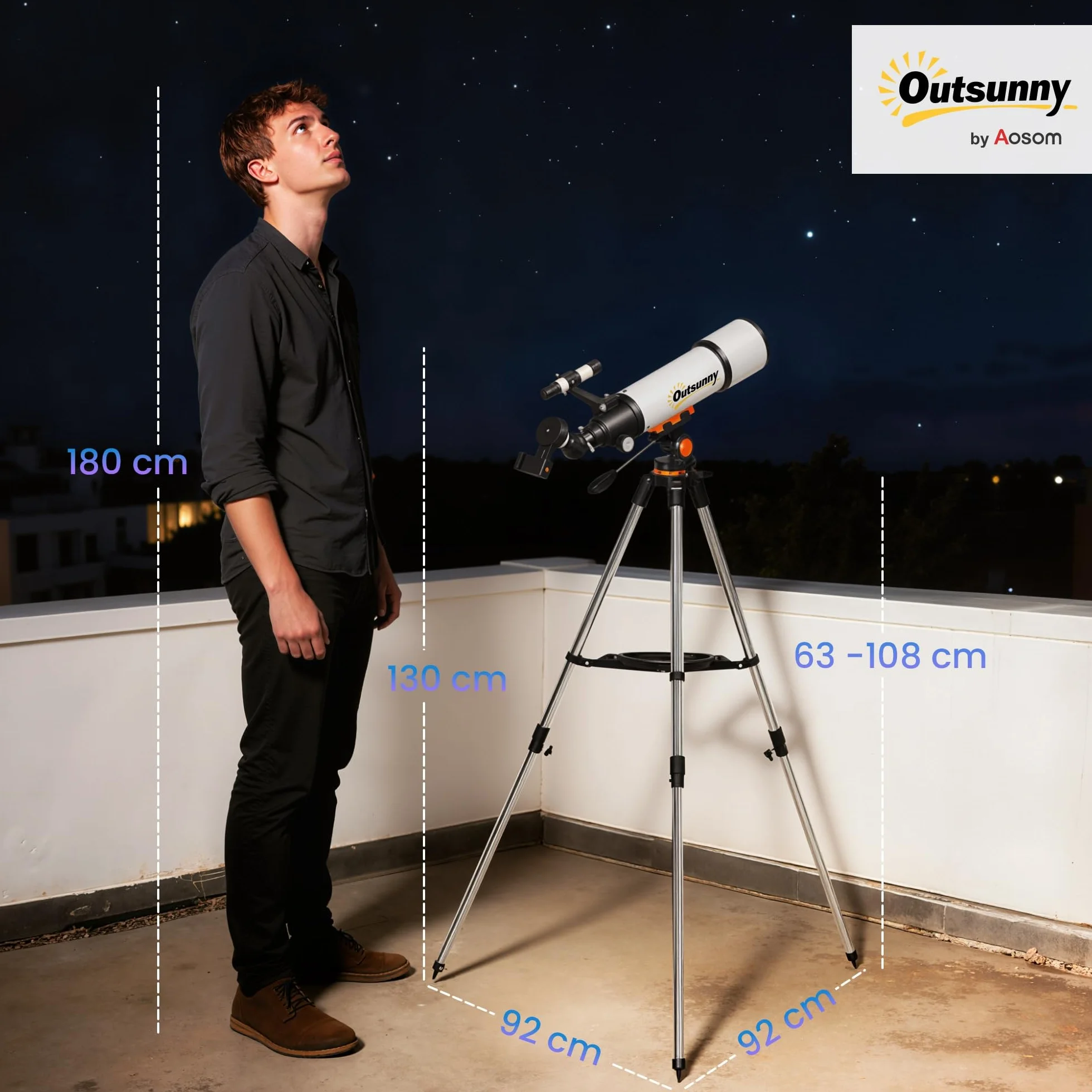 Outsunny Telescopio Astronomico con 80mm Apertura/500mm, 40X/16X Telescopio Rifrattore Portatile con Adattatore Telefono, Borsa da trasporto, Treppiede Regolabile in Altezza per Adulti, Bianco e Nero