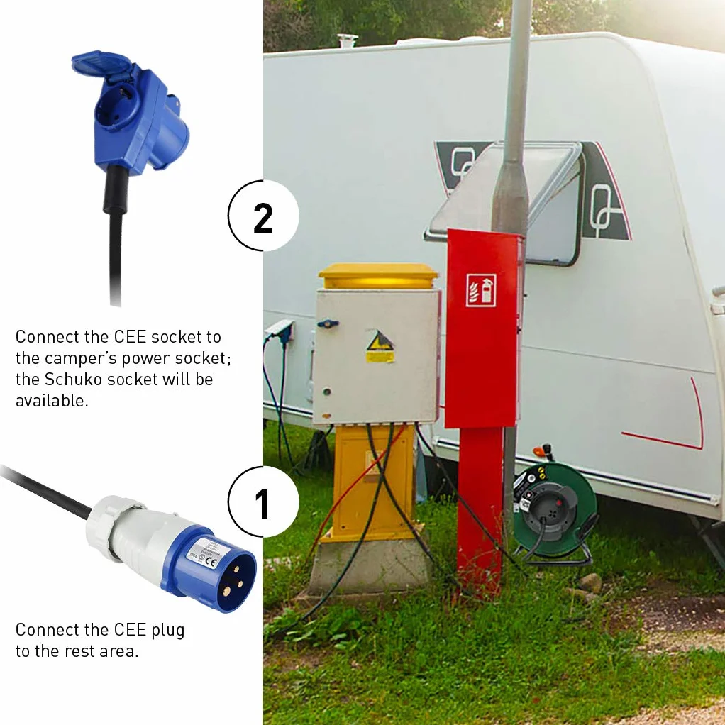 Electraline 49209 prolunga in gomma con avvolgicavo 25 mt per camper, campeggio, caravan, spina CEE 3 poli e 2 prese (industriale+Schuko) - IP44, Verde/Nero