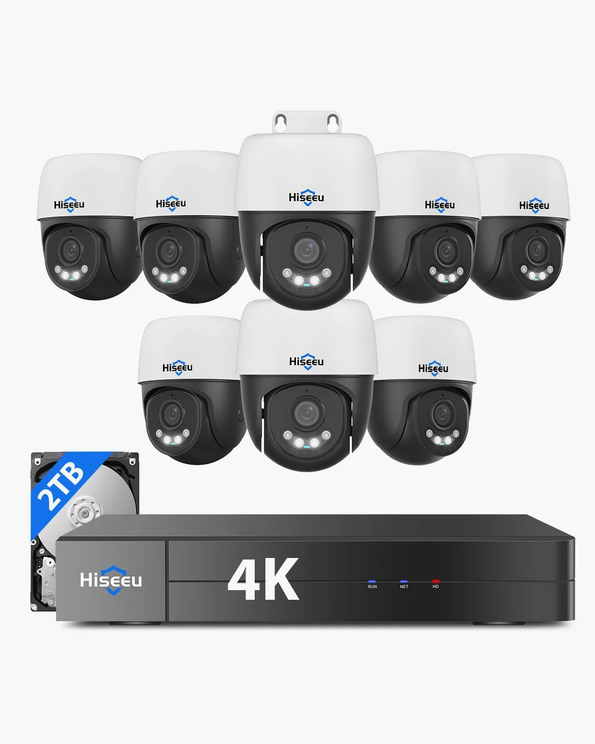 Hiseeu Sistema di telecamere di sicurezza PoE 4K, 8 pezzi, telecamera cablata PoE PTZ da 8 MP per esterni e interni, rilevamento veicolo umano, audio a 2 vie, visione notturna a colori, espandibile 16