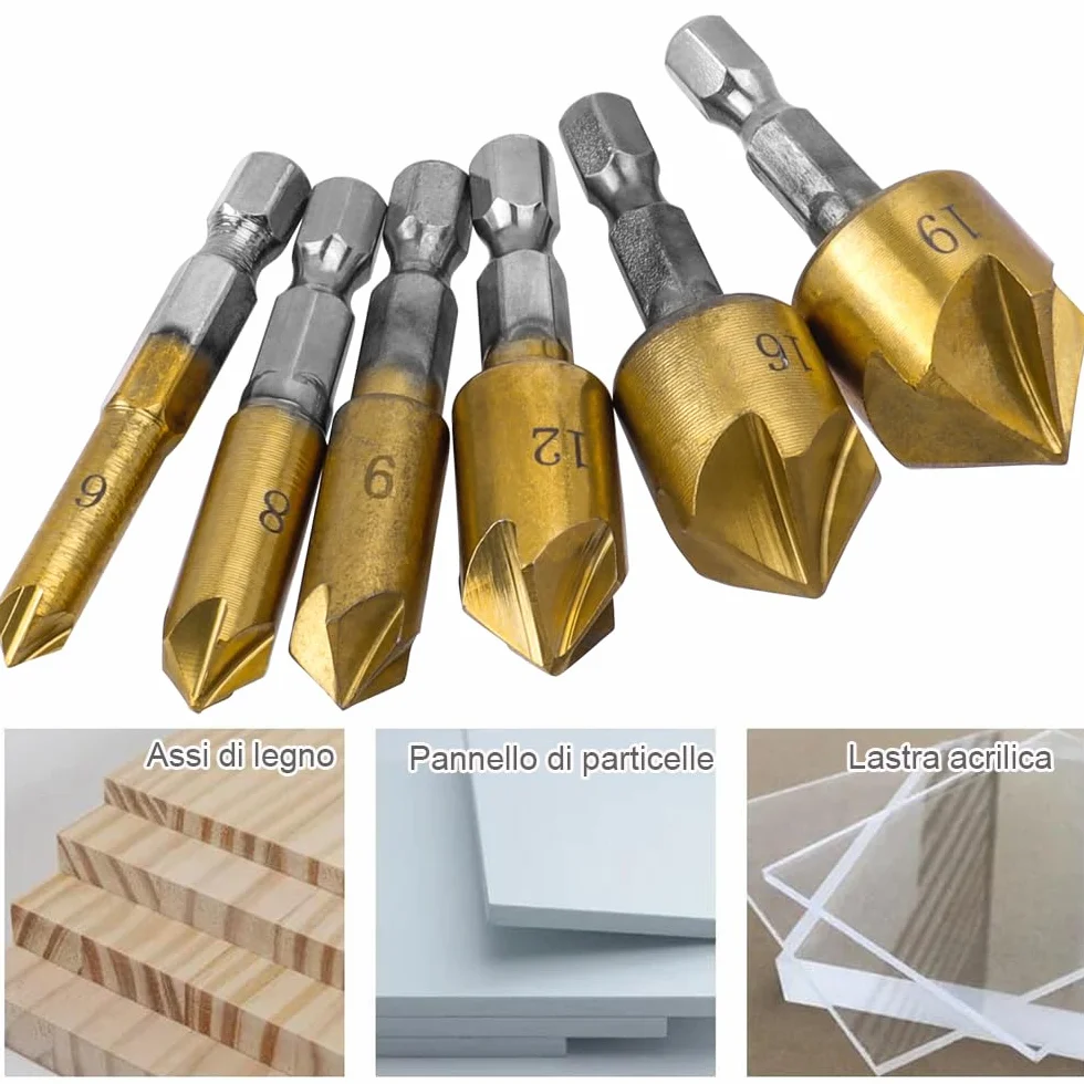 Svasatore Conico HSS Titanio Rivestito Codolo Esagonale Alesatore Fori 6-19 mm 6 Pezzi