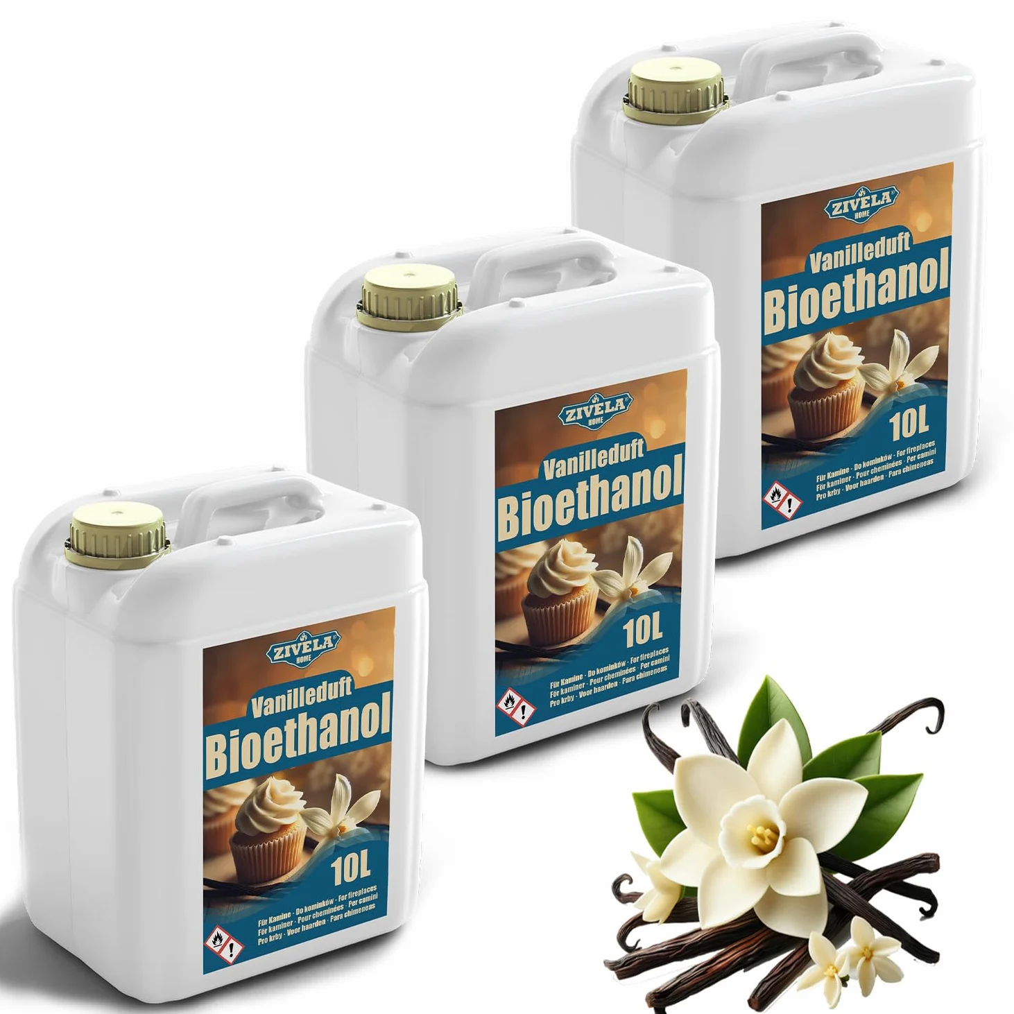 Bioetanolo 96,6% 10 l, profumo di vaniglia biologico 96,6% 3 x 10 l, bioetanolo per camino, caminetto, camino a bioetanolo, profumo di vaniglia, combustione pulita, senza fumo, fiamma vivida e stabile