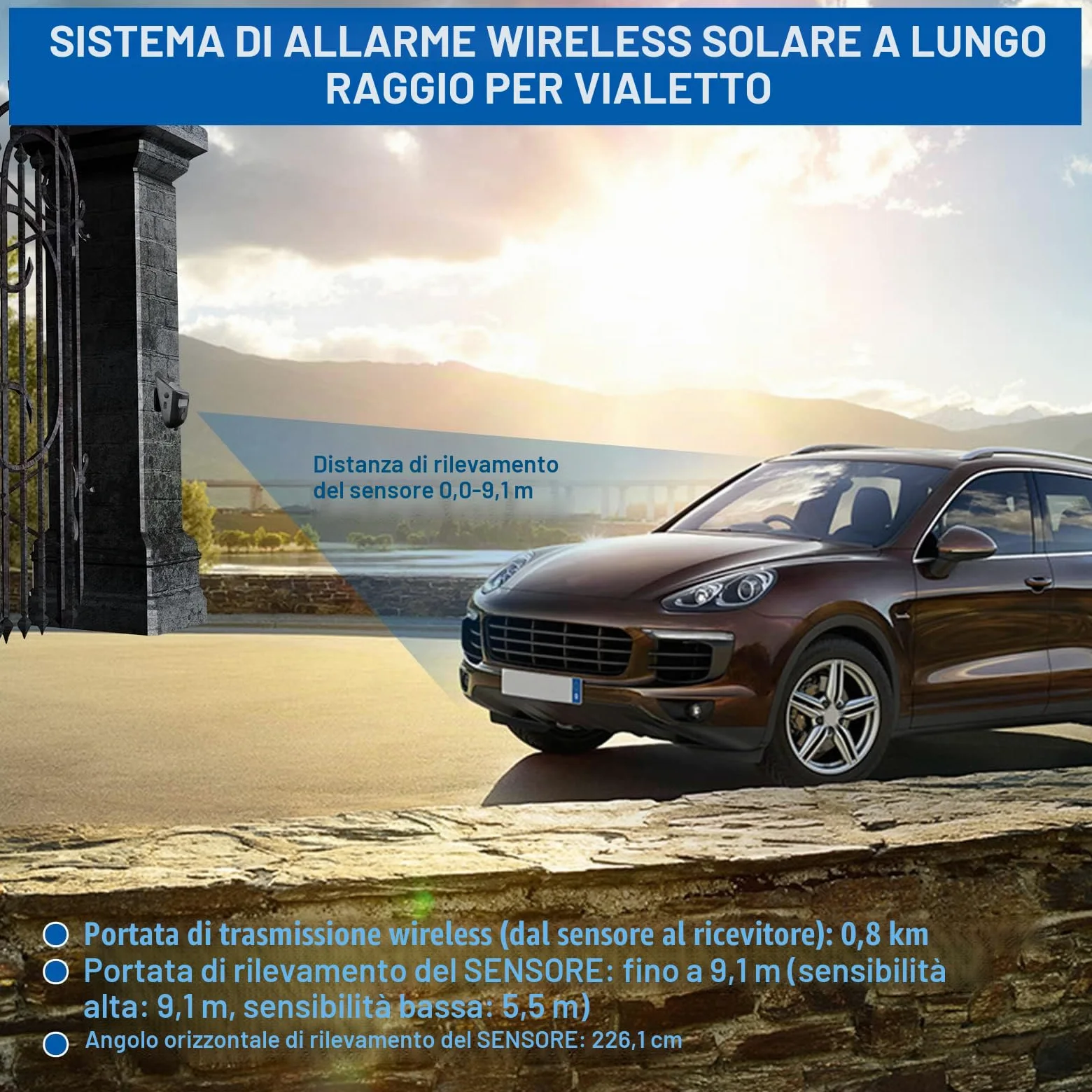 Allarme solare senza fili per vialetto esterno, resistente alle intemperie, rilevatore di movimento, campanello per porta, sistema di allarme di sicurezza fai da te (2 sensori e 1 campanello)