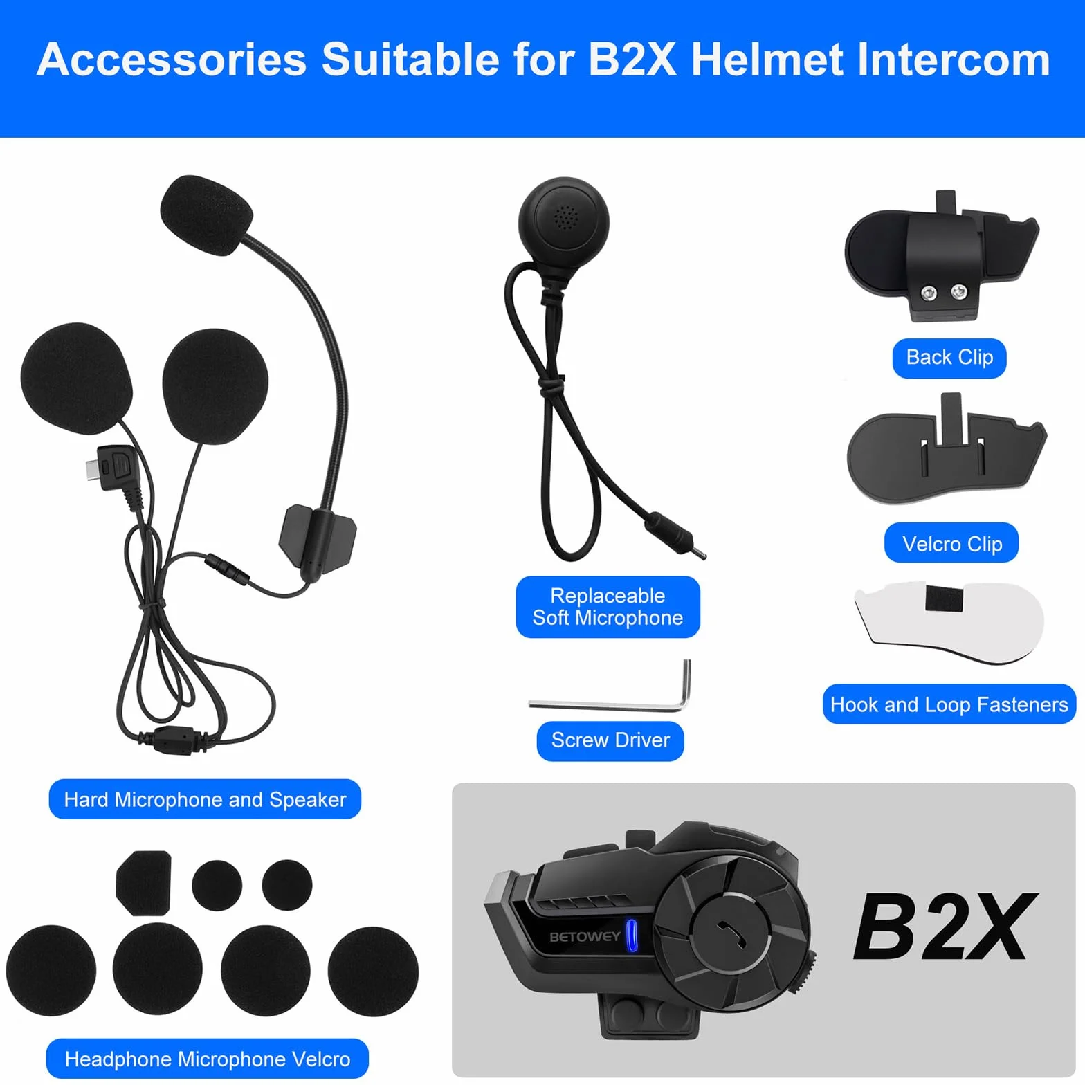 Kit Microfono e Altoparlanti per Casco da Moto con Accessori di Montaggio B2X Interfono Moto – Include Microfono Morbido e Rigido