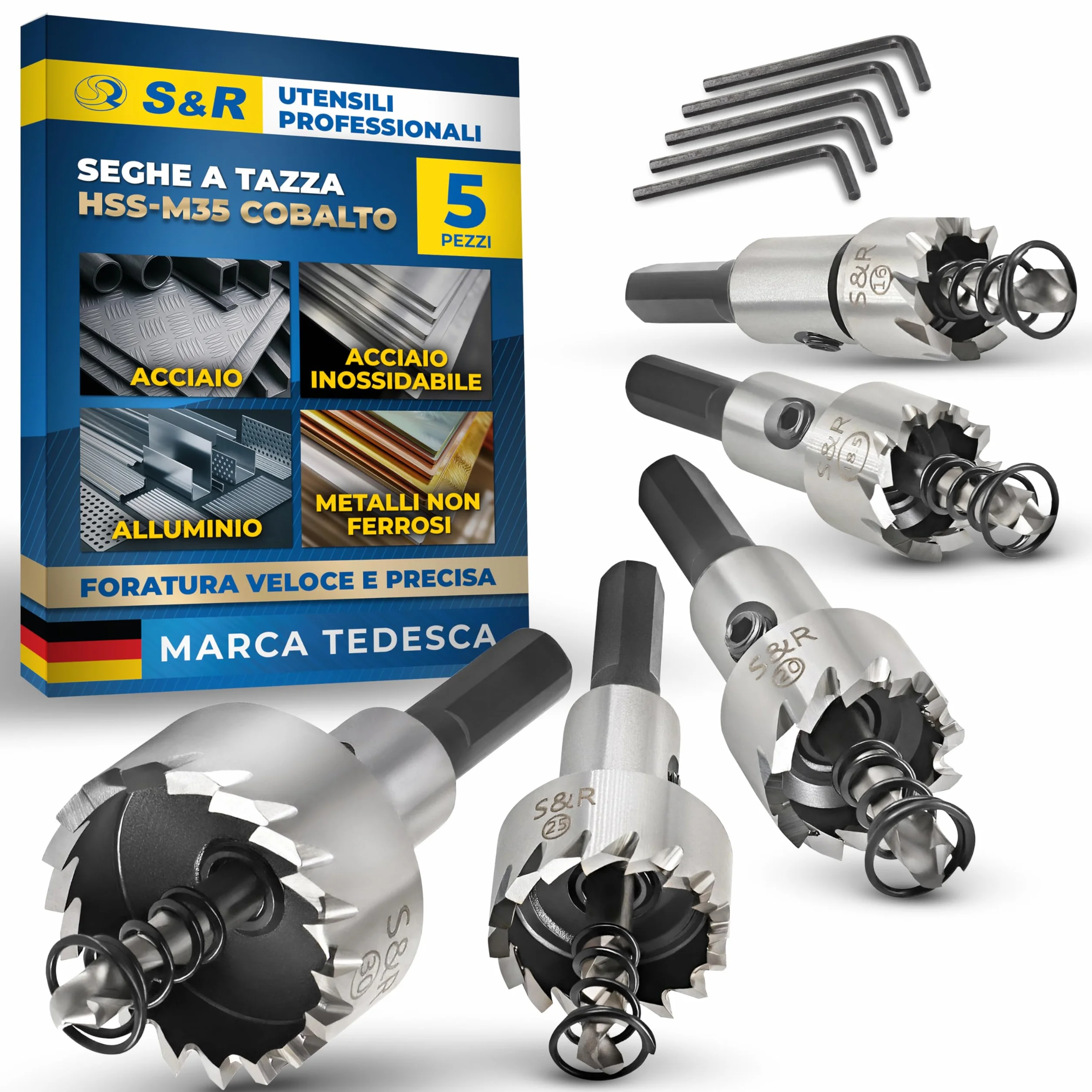 S&R Set 5 Seghe a Tazza Metallo HSS Cobalto 16-30mm Codolo Esagonale 9,5mm