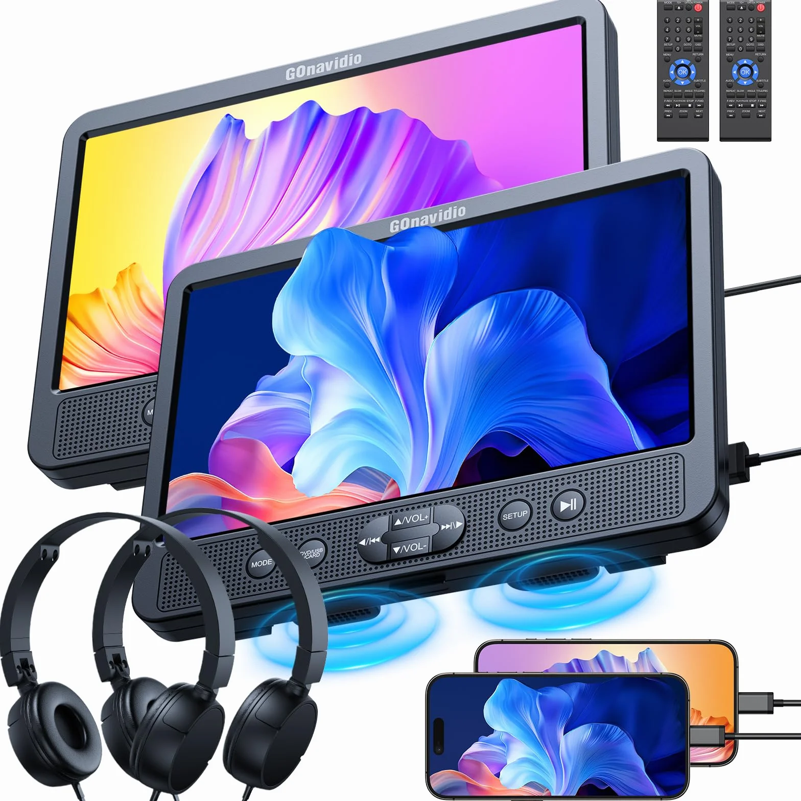 GOnavidio Lettori DVD per Auto Doppi da 10,1'' con Ingresso HDMI, Caricatore da Muro, 2 Cuffie, Supporto Regione Libera, Ultima Memoria, Ingresso AV e Uscita AV, Scheda USB/TF (Nero)