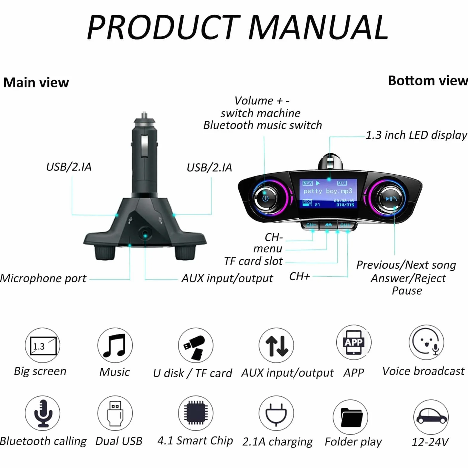 Bluetooth trasmettitore FM lettore MP3 kit vivavoce per auto wireless radio audio compatibile con Dual USB 5 V 2.1 A U disk TF Card