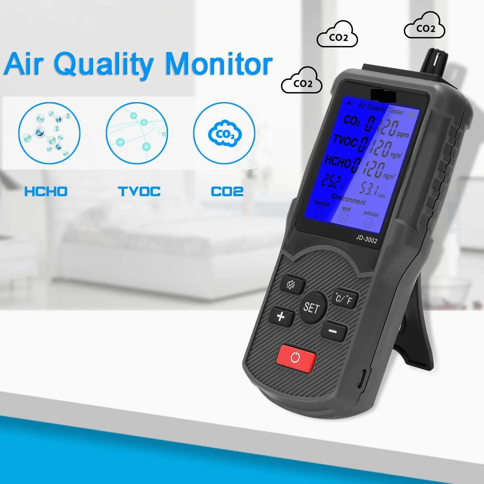 Aensore Qualità Aria, Misuratore di qualità 'aria, misuratore CO2, analizzatore gas, sensore, misurazione a temperatura e 'umidità