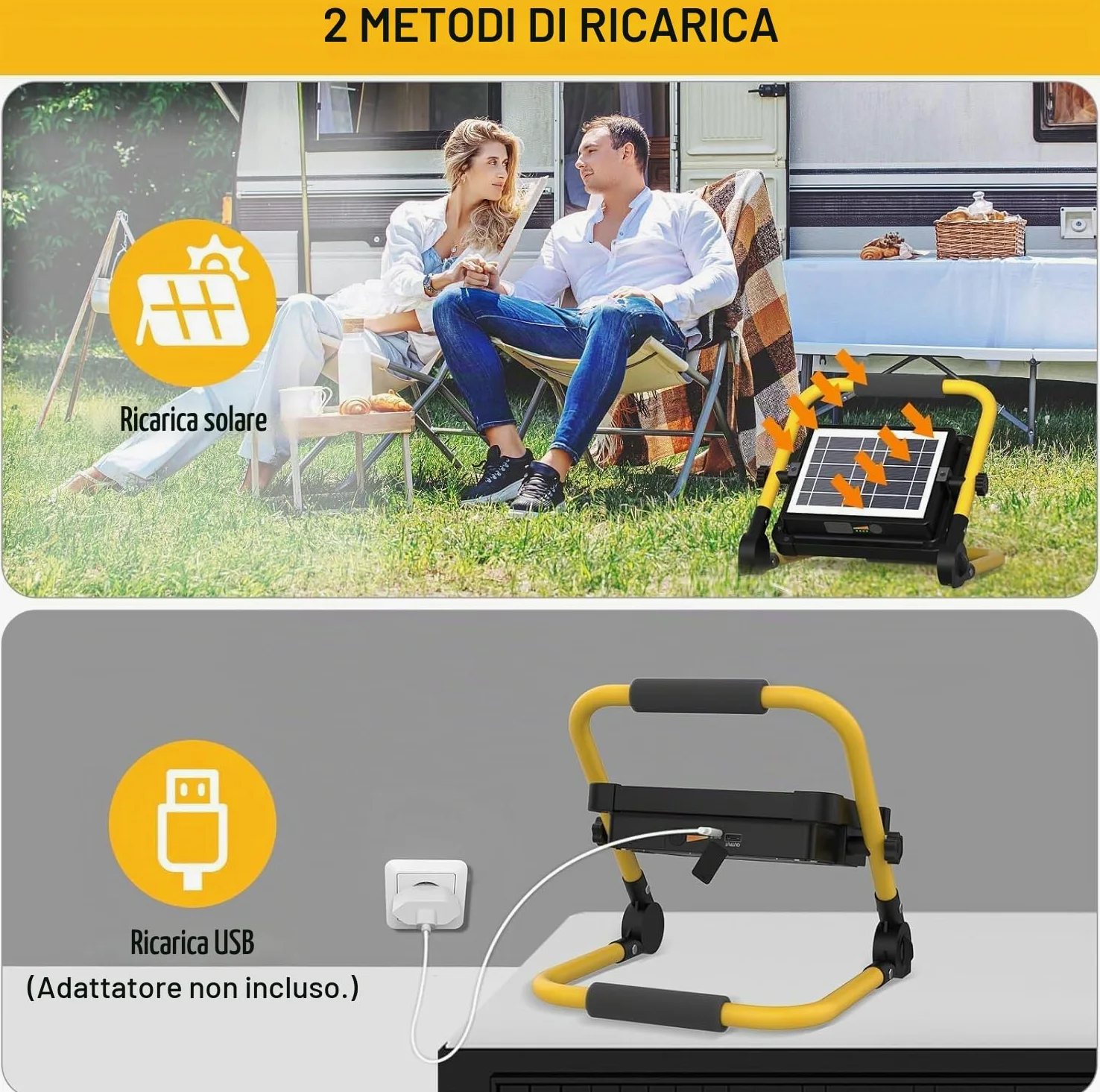 MASMEJOR Faro LED Ricaricabile Solar, Supporto Metallico, 10000LM, 12000mAh | 100W, 336 LEDs, 4 Modalità Luce, Base Magnetica, Uscita USB, Portatile per Campeggio, Garage, Pesca, Emergenze