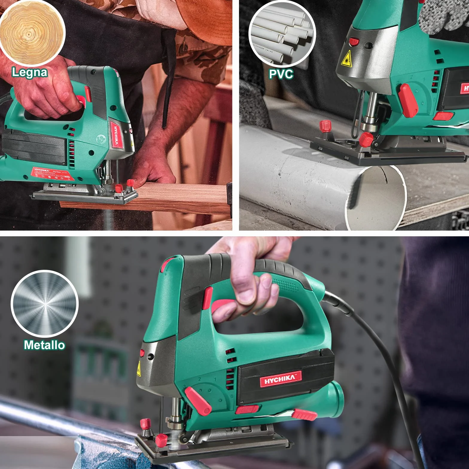 HYCHIKA Seghetto Alternativo 800W, Profondità di Taglio 110mm, 800-3000RPM, 6 Velocità variabile, Angolo di Inclinazione Regolabile da ±45 °, Adatto a Metallo e Legno