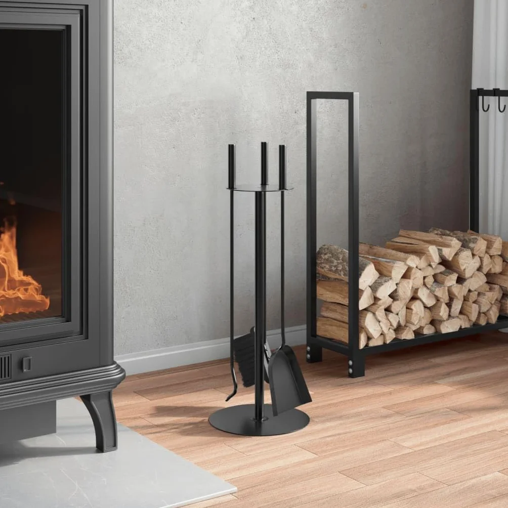 Gecheer Set di Attrezzi per Camino, 4 Pezzi con Supporto portaoggetti 22x59 cm in Acciaio Nero, Scopa Pala Gancio per Camino Domestico