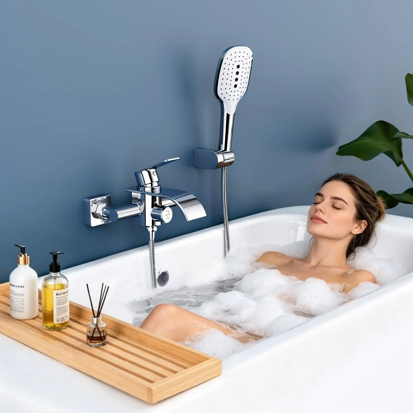 rubinetto vasca doccetta mano cascata miscelatore ottone 3 funzioni interruttore pressione