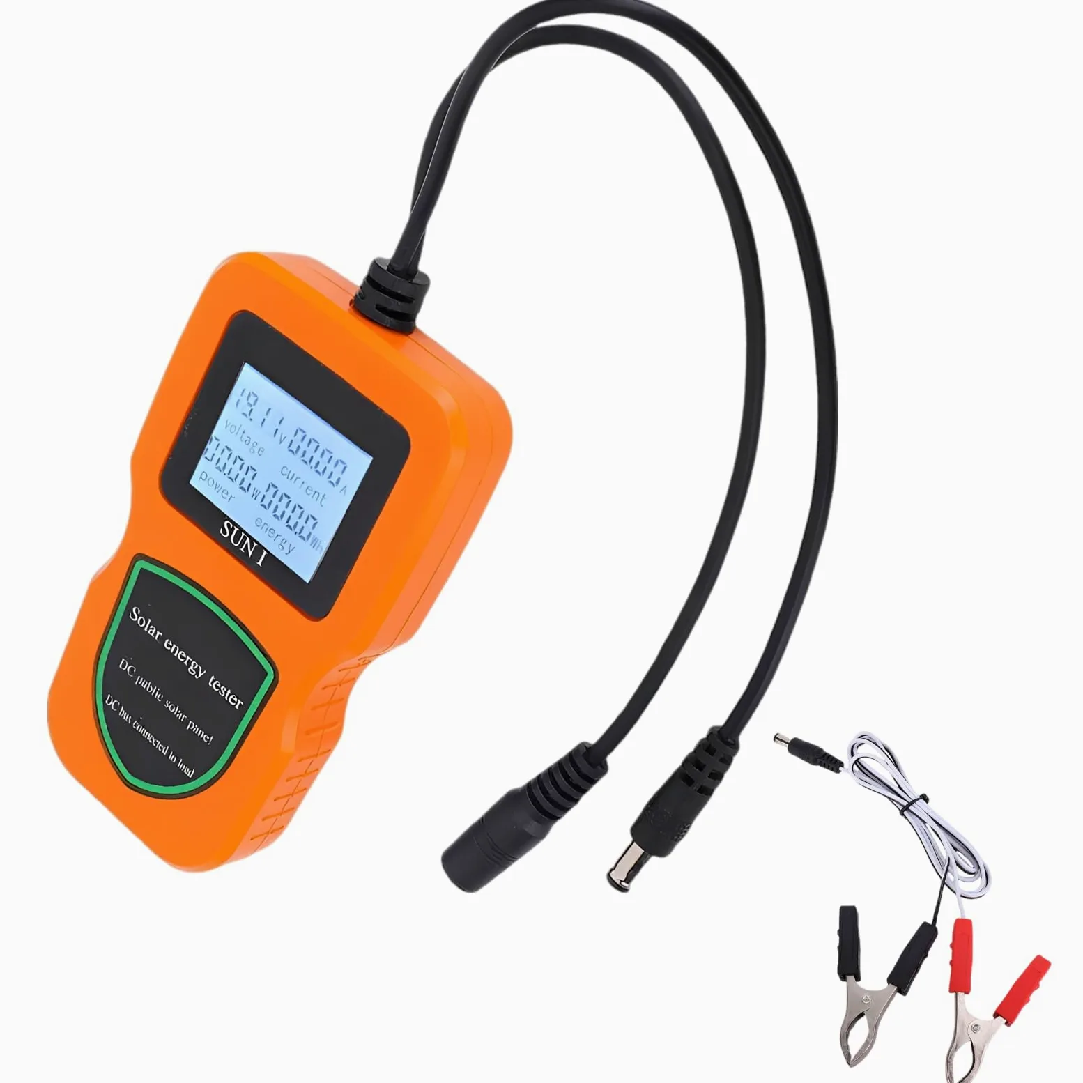 Tester per pannelli solari, 500 W, multimetro fotovoltaico LCD arancione, ampio raggio 5 W-500 W, display corrente di tensione, retroilluminazione, include clip di alimentazione, per analisi