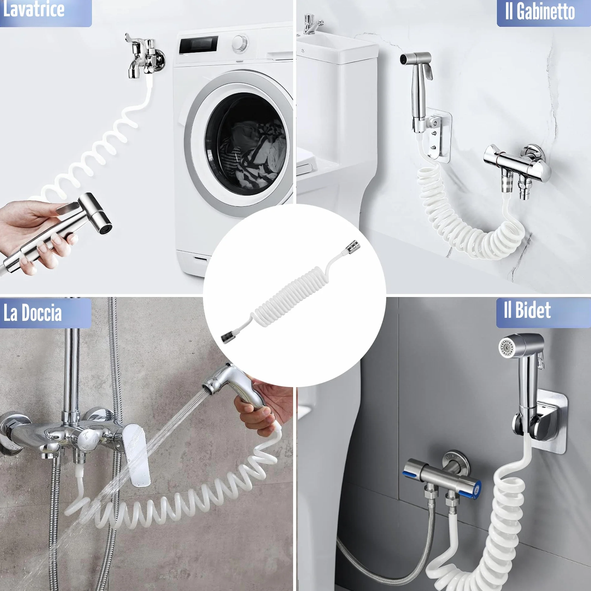 Flessibile Doccia a Molla in ABS,Telescopico Tubo Doccia,Flessibile Doccia a Spirale per Soffione Bidet,Adatto per WC Sprayer Rubinetto und Spruzzatore da Lavandino(3M,Bianco)