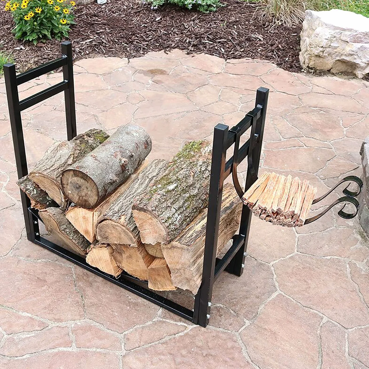 Portalegna da ardere in metallo resistente nero, scaffale per legna da ardere alto 78 cm, ripiano per accessori per caminetto da esterno, resistente alla ruggine, facile da montare