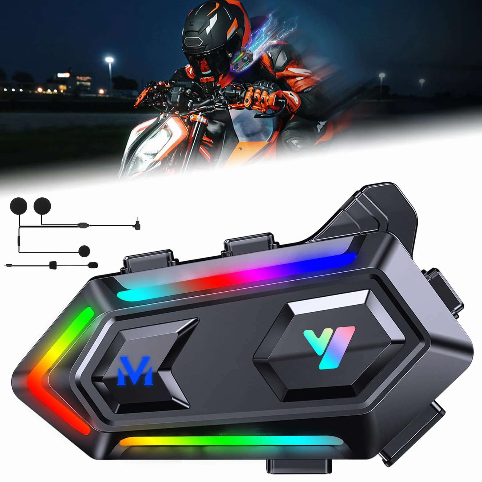 Altoparlanti per casco da moto, luci abbaglianti RGB, ad alta durata della batteria, cuffie CVC e DSP, doppia riduzione del rumore e bassi profondi, accessori per moto, altoparlanti ultra sottili, per