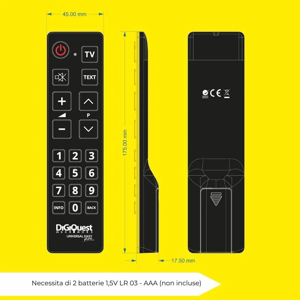 Digiquest EASY Telecomando Universale TV con Tasti Grandi, Facile da Usare, Ideale per Hotel, Ospedali, RSA e Anziani