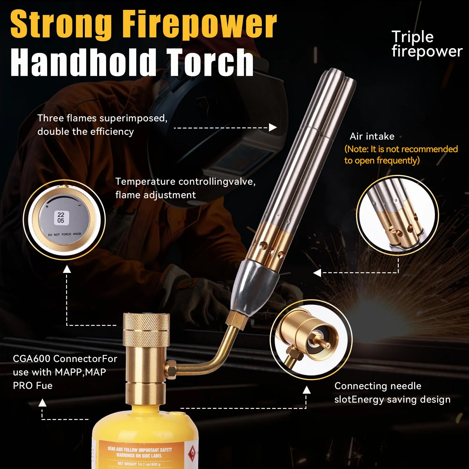 BLUEfire Torcia Turbo a getto a tripla fiamma Trigger Start Cucina Ricerca Saldatura a gas Carburante MAPP MAP Pro Propano Base stabilizzatrice libera