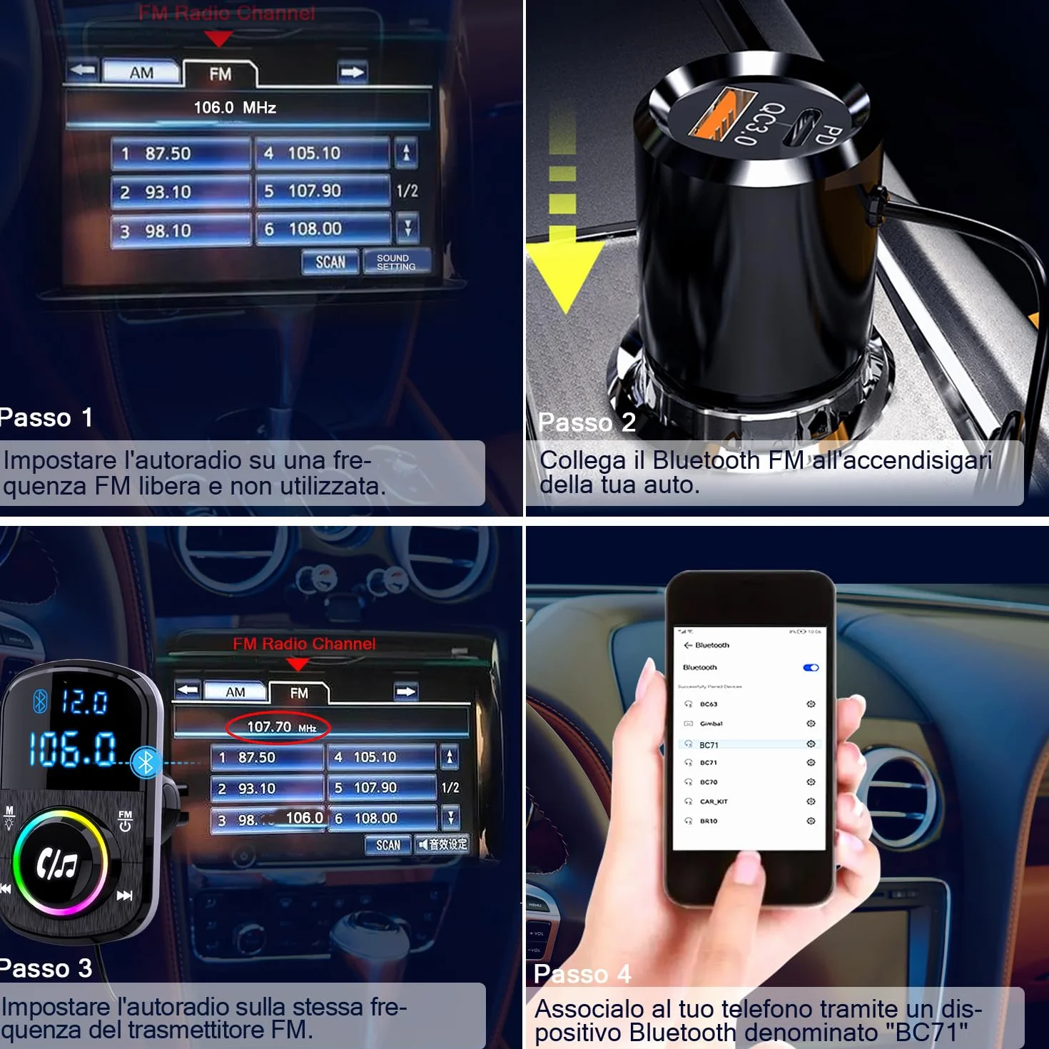 GizmoVine Bluetooth Coche, Transmisor FM, Soporte Manos Libres/QC3.0 y PD Cargador Rápido/Luz Ambiental/Base Autoadhesiva y Clip con Cable 1.1 - Reproductor de Música con Tarjeta BT/TF