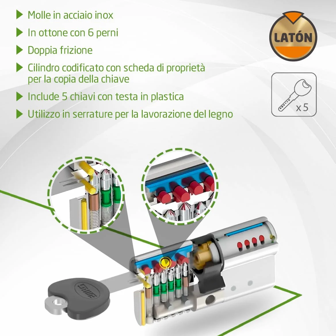 Amig - Cilindro di sicurezza - Serratura per porte - Antigrimaldello e Antibumping - Cilindro Antiestrazione e Antirottura - Include 5 chiavi - Argento opaco - Misure: 80 (30-50) mm
