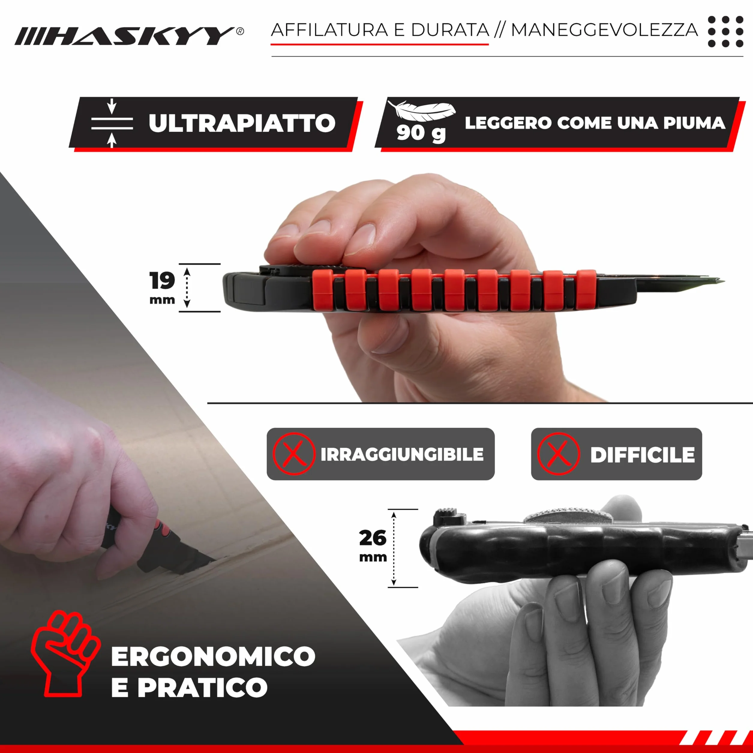 HASKYY Taglierino da Tappeto 18mm Set 5x Coltelli con Lama SK5 Ergonomico