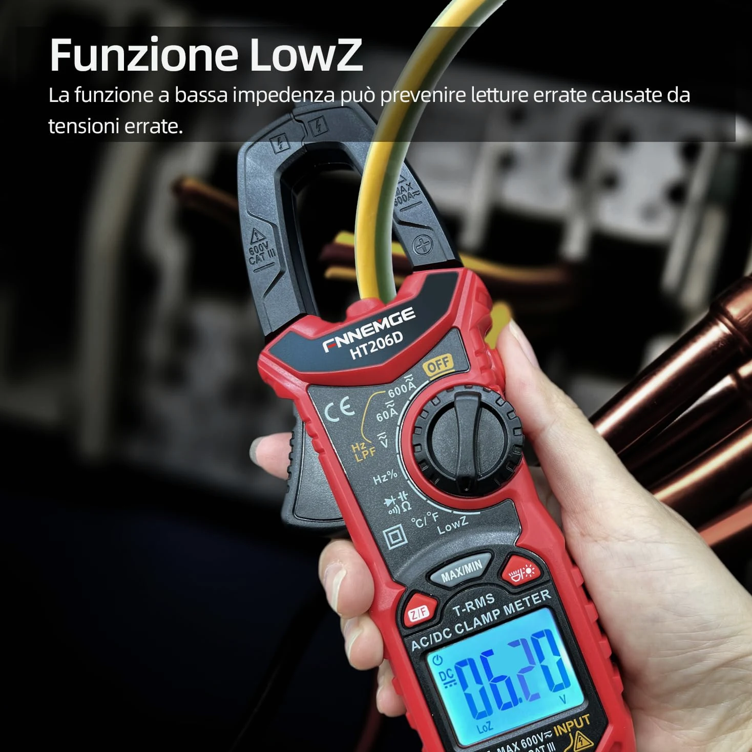 FNNEMGE HT206D - Pinza amperimétrica, Misuratore di Corrente DC/AC: 0-600A, Multimetro a pinza True-RMS 6000 Counts auto-Classificazione, Misura la Capacità di Passaggio (Corrente AC/DC)