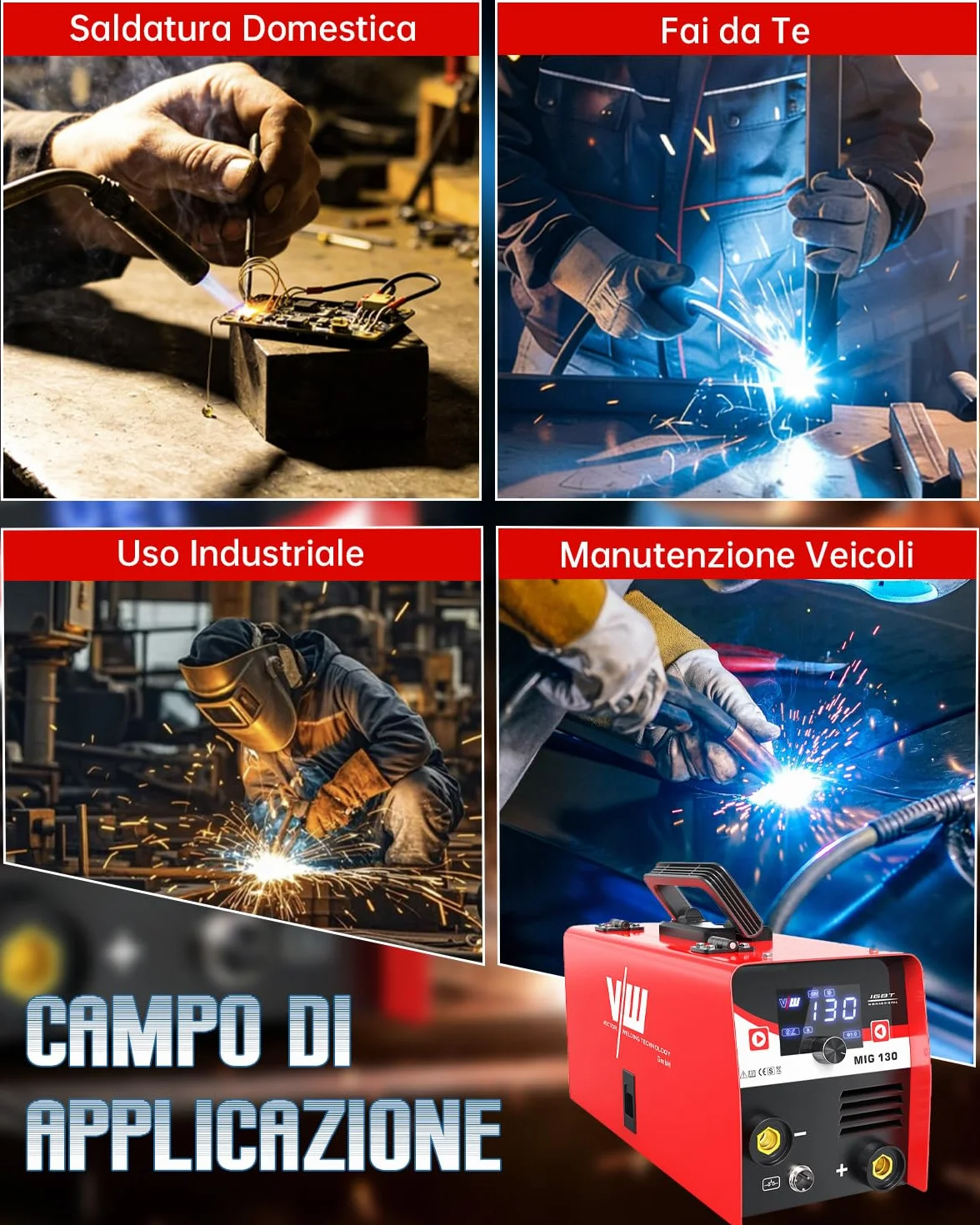 VECTOR WELDING MIG 130A Saldatrice a Filo Continuo No Gas 3 in 1 Inverter IGBT con Maschera Auto-Oscurante