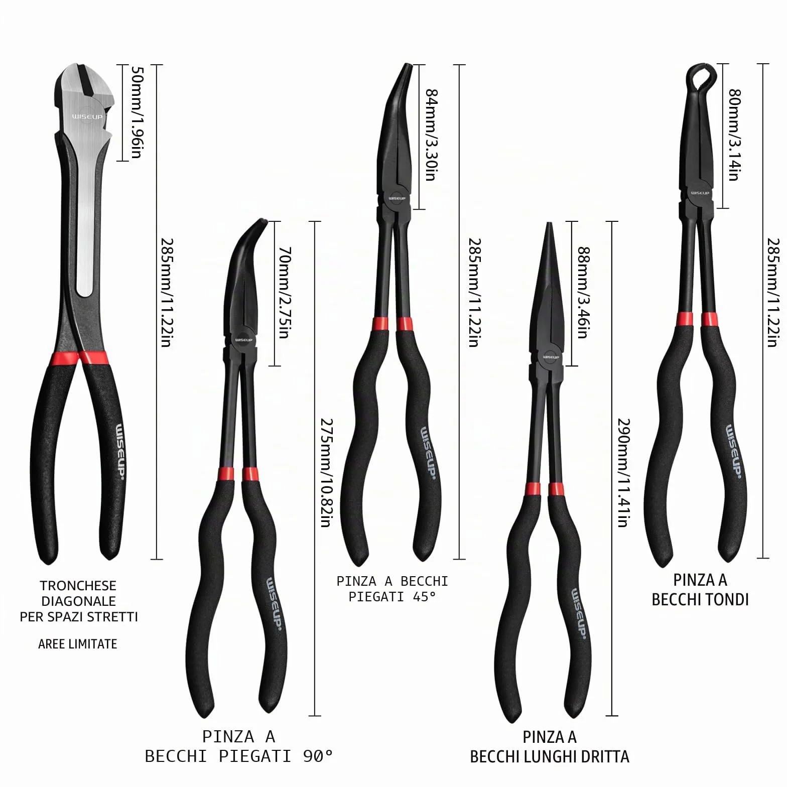WISEUP Set 5 pinze a becco lungo, acciaio al carbonio, 11", dritte, 45°, 90°, tagliafili laterali