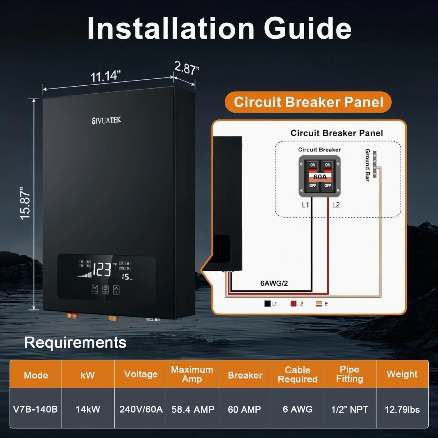 scaldabagno elettrico senza serbatoio su richiesta, scaldabagno elettrico intelligente punto di utilizzo, scaldabagno istantaneo 14 kW 240 V per doccia V7B-140B